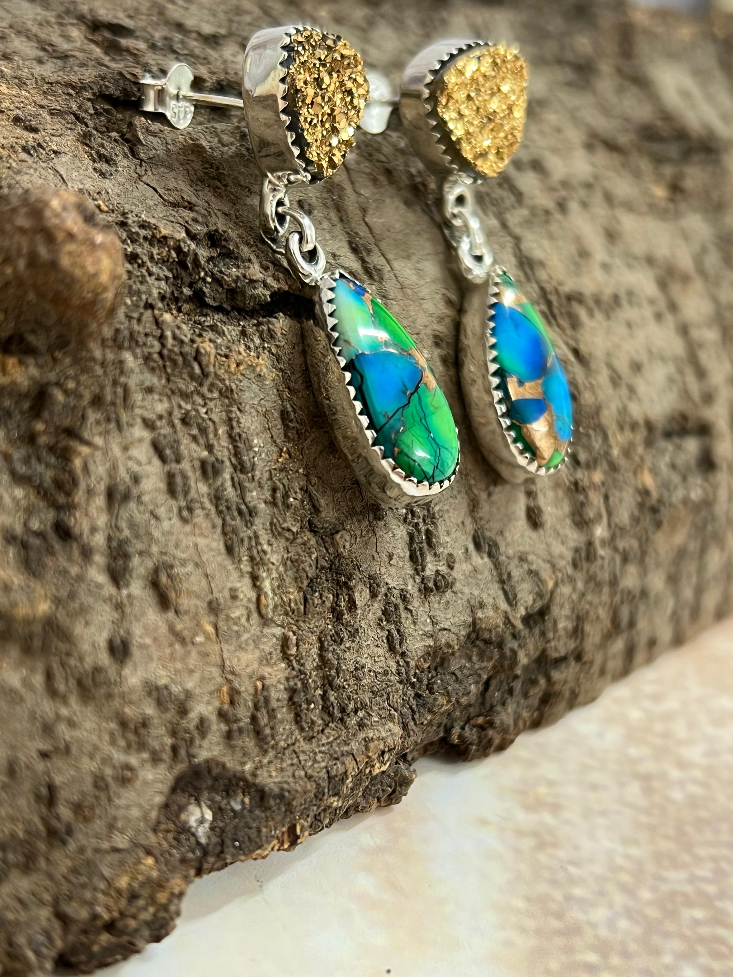 Handmade Sterling Silver Peacock Dahlia with Druzy Dangle Earrings with Signed Nizhoni