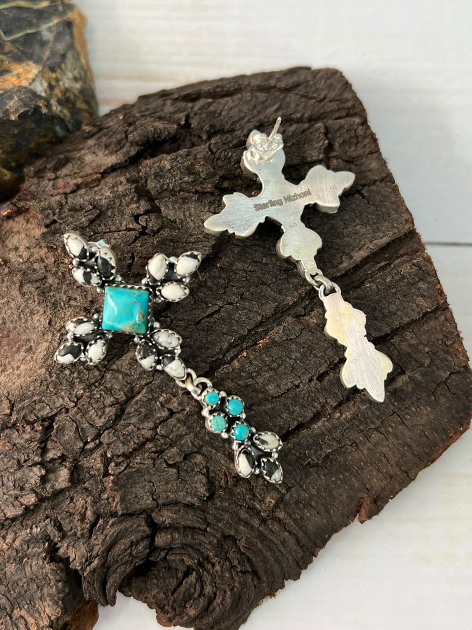 Handmade Sterling Silver Kingman Turquoise with White Buffalo Post Dangle Earrings Signed Nizhoni