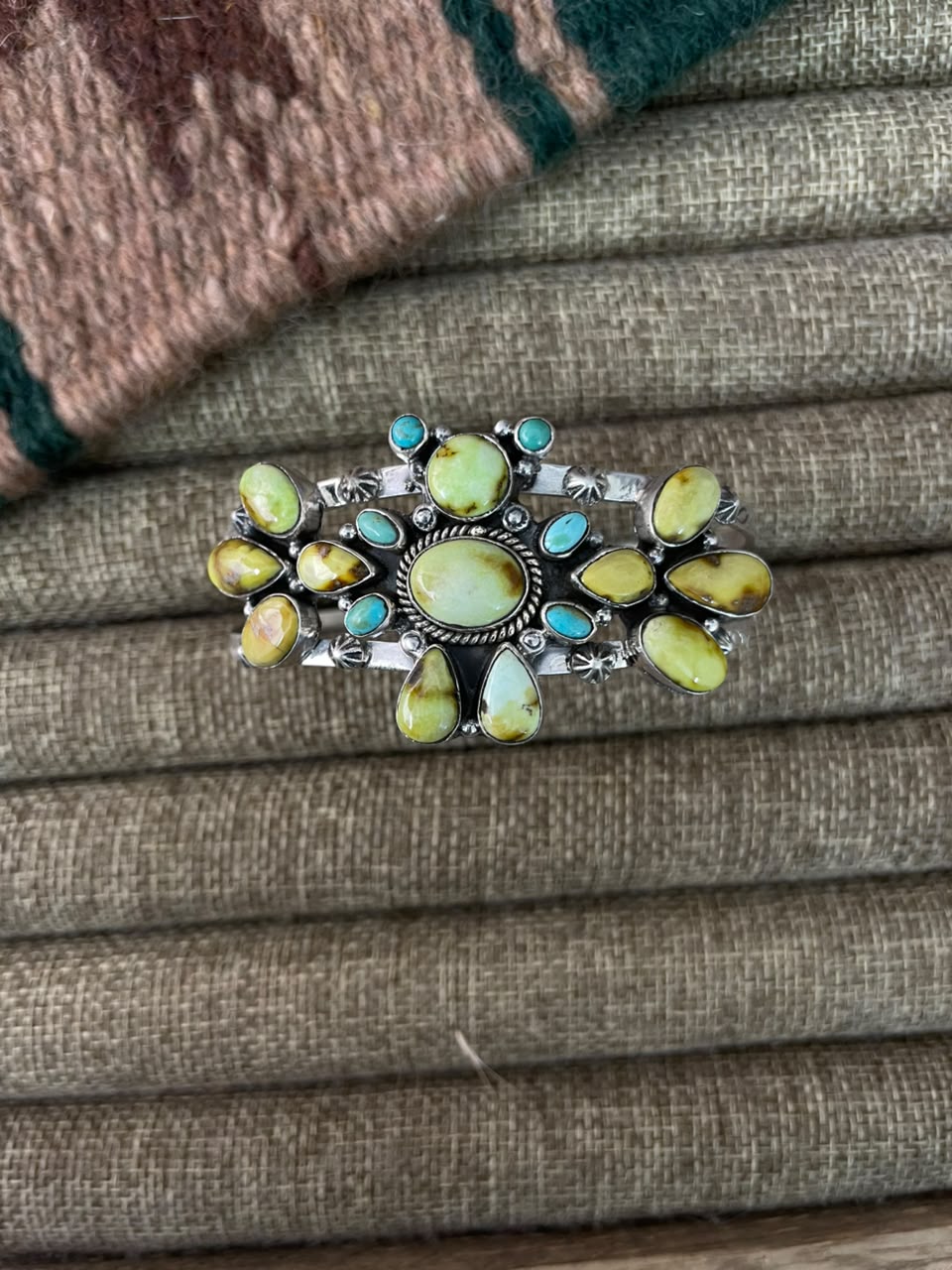 Handmade Sterling Silver Palomino with Kingman Turquoise Cuff Bracelet Signed Nizhoni