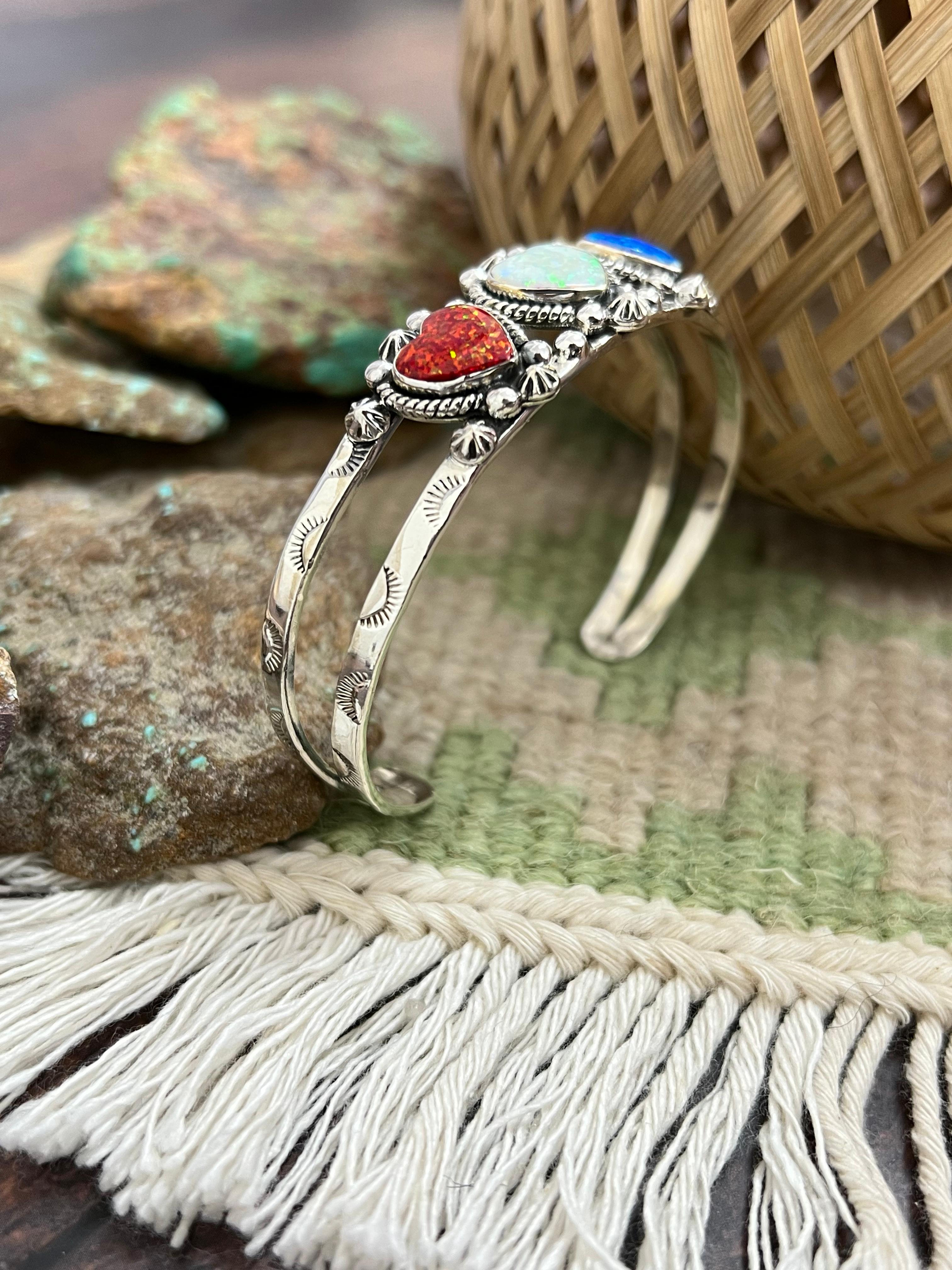 ** 4TH OF JULY ** Handmade Sterling Silver Synthetic Opal Cuff Bracelet with Signed Nizhoni