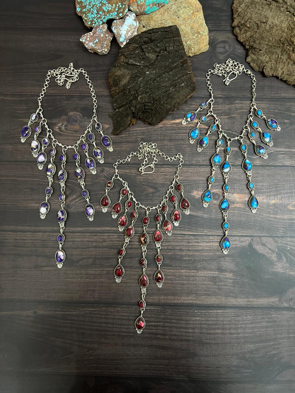 Handmade Sterling Silver Multi Stone Necklace with Signed Nizhoni