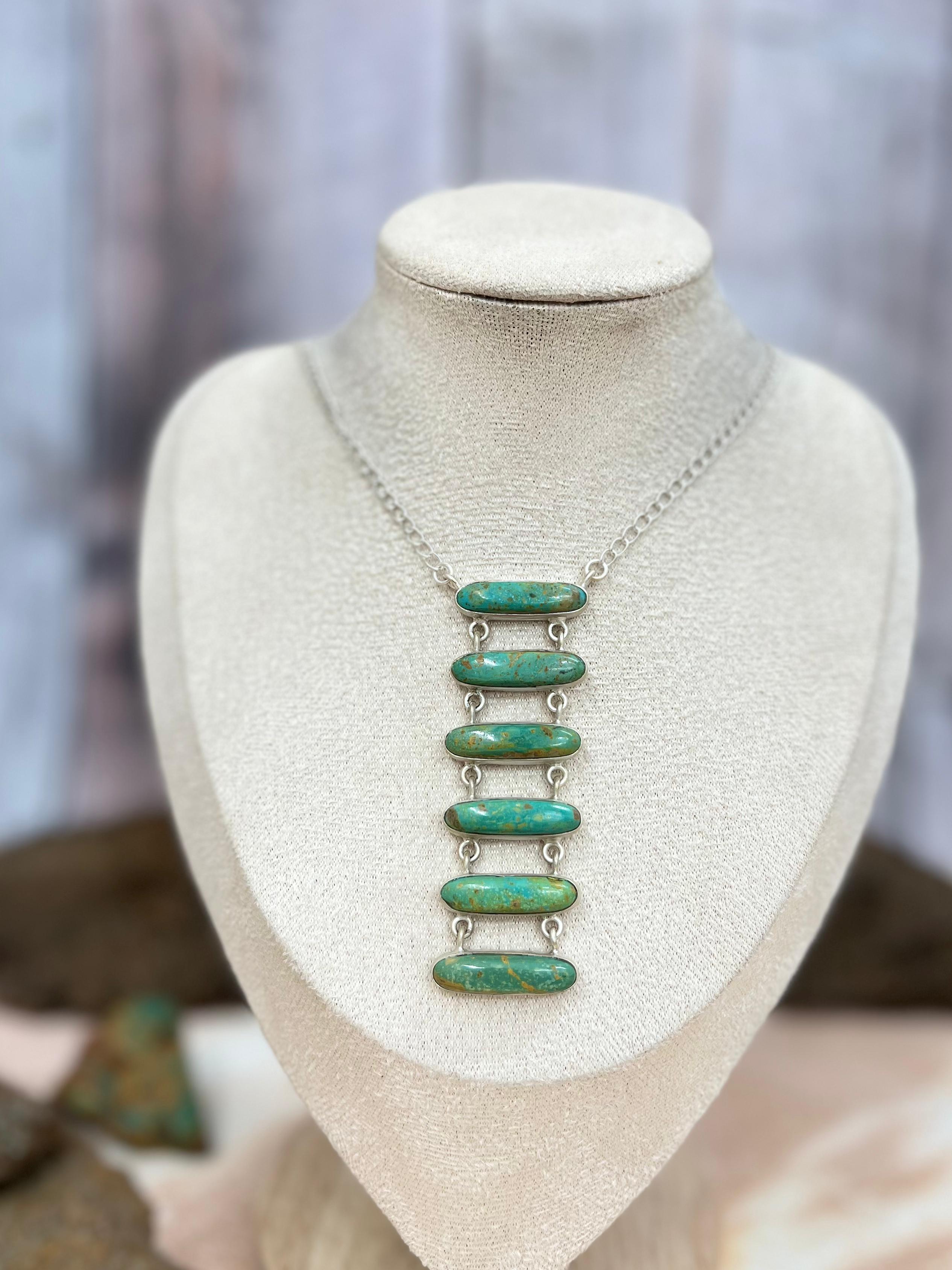 Handmade Sterling Silver Royston Turquoise Stairs Style Necklace with Signed Nizhoni