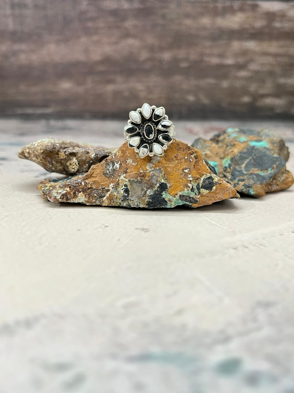 Handmade Sterling Silver White Buffalo Turquoise Adjustable Ring "Signed Nizhoni"