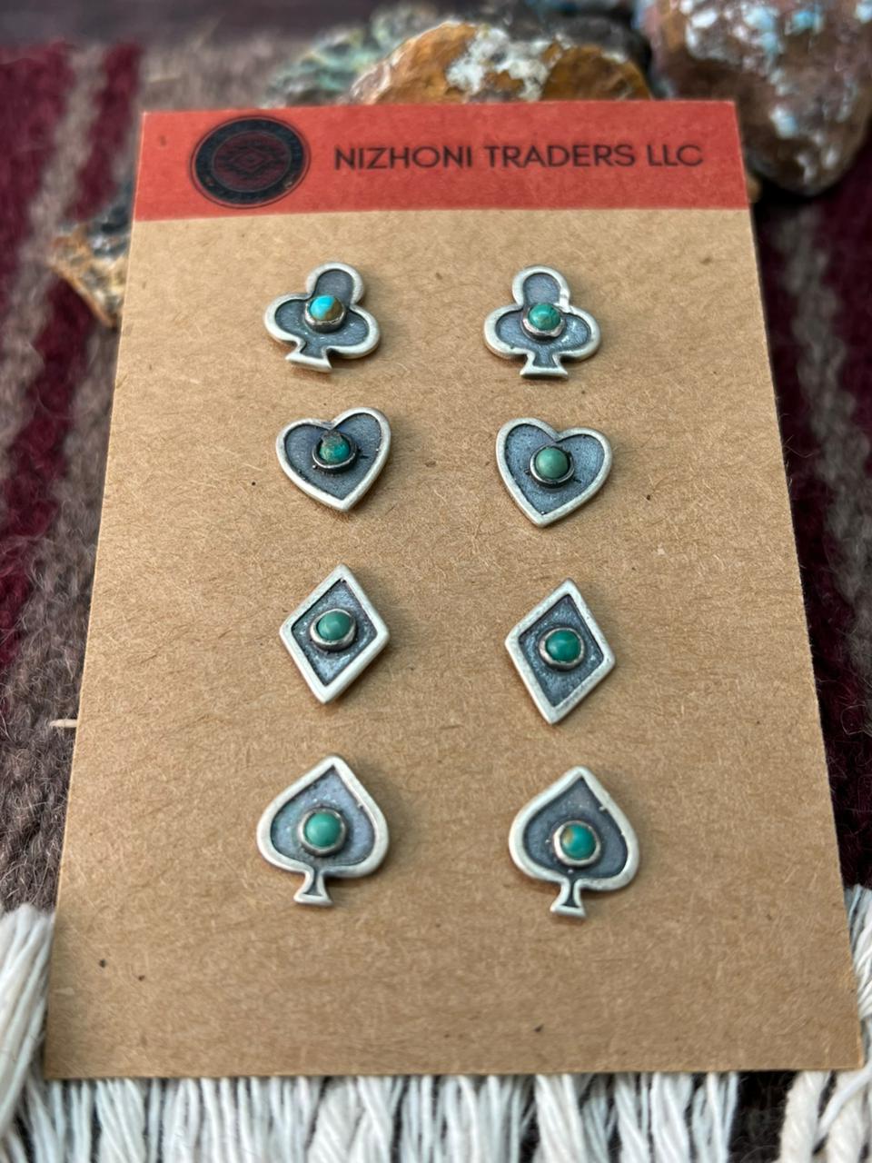 Handmade Sterling Silver Kingman Turquoise Post Studs Spade Earrings Set