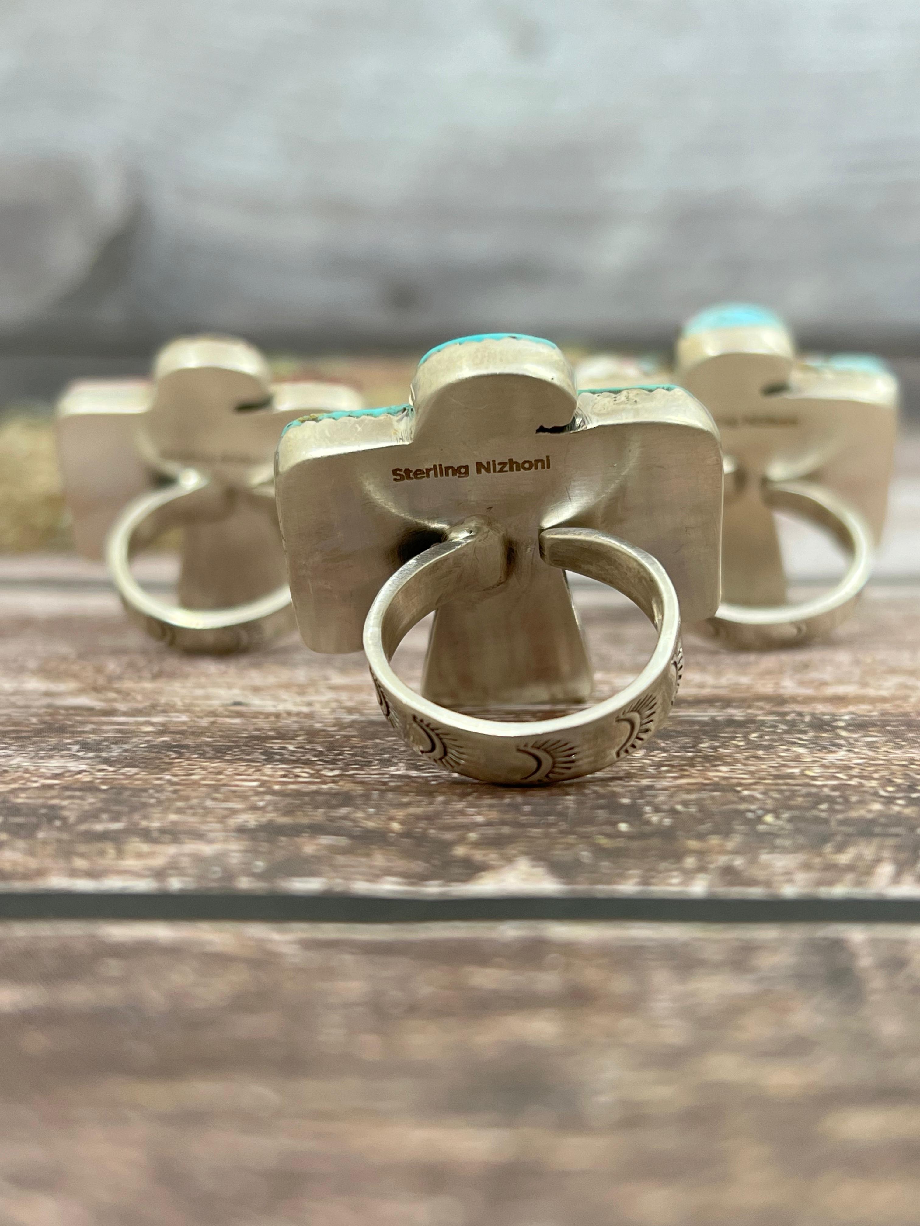 Handmade Sterling Silver Cotton Candy, Kingman Turquoise , Dahlia Rose Thunder Bird Adjustable Ring, Signed Nizhoni