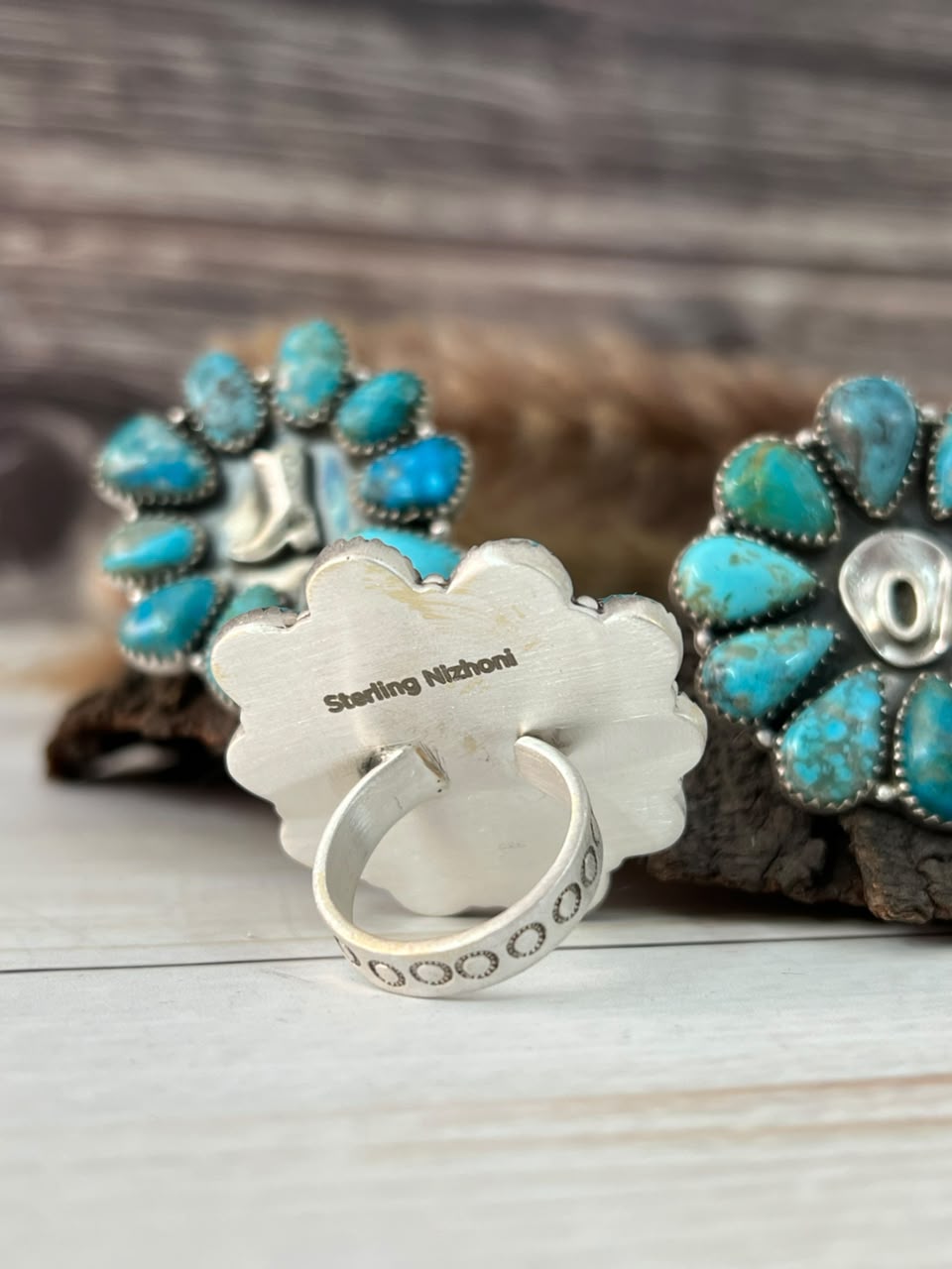Handmade Sterling Silver Ithaca Peak Turquoise Adjustable Ring Signed Nizhoni