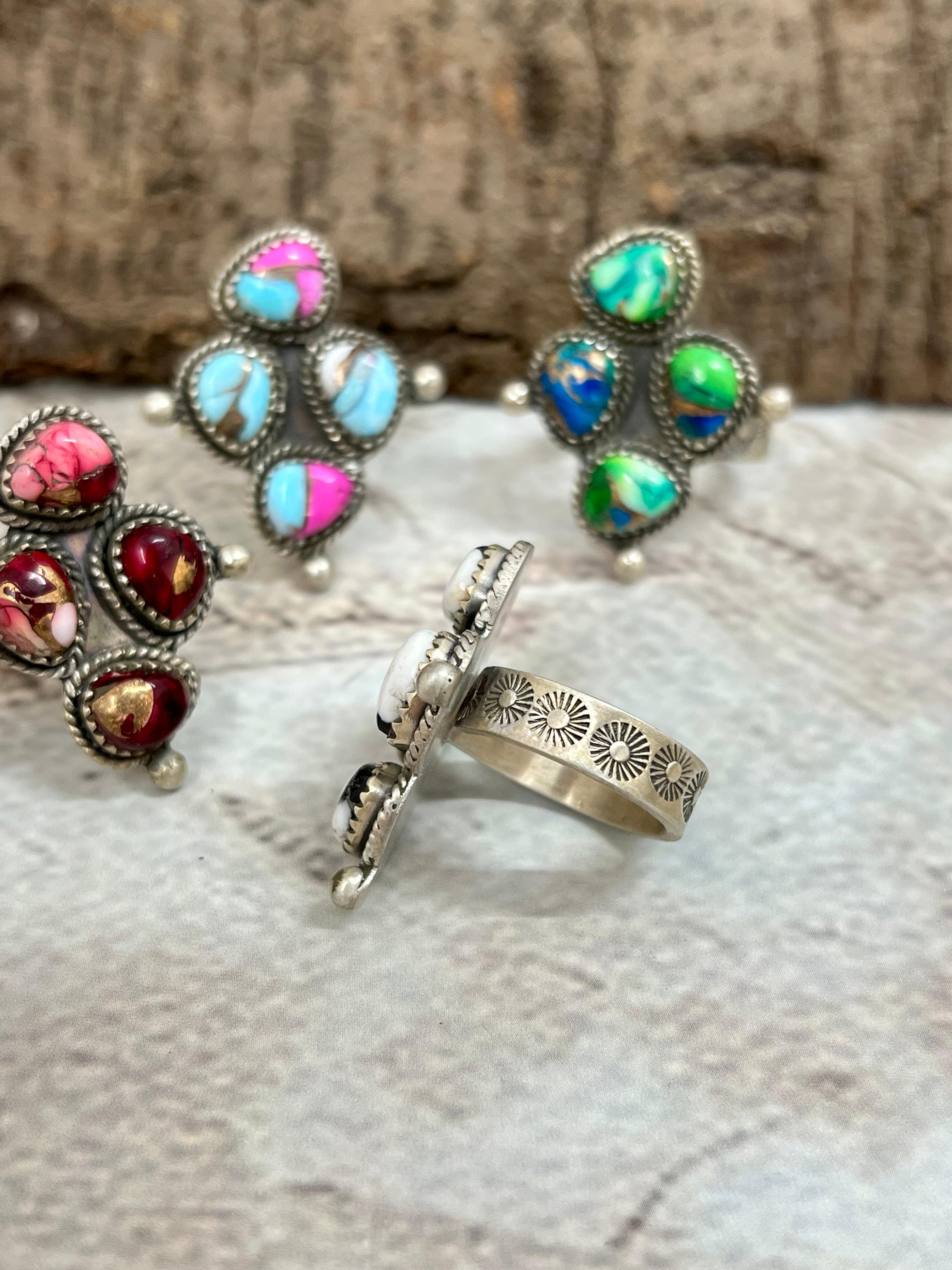 Handmade Sterling Silver Peacock Dahlia, Cotton Candy, Dahlia Rose, White Buffalo Turquoise Adjustable Ring, Signed Nizhoni