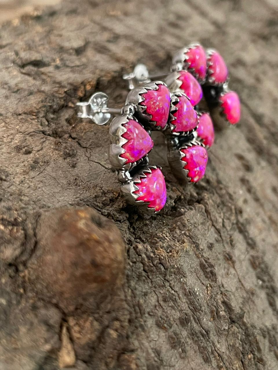 Handmade Sterling Silver Hot Pink Post Studs Earrings "Signed Nizhoni"