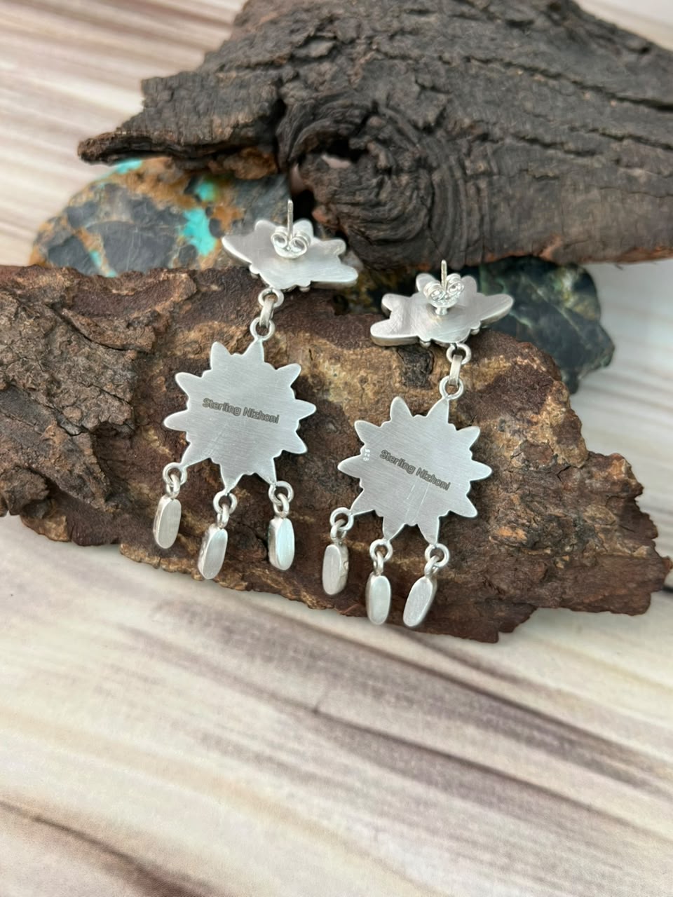 Handmade Sterling Silver Kingman Turquoise Post Dangle Earrings Signed Nizhoni