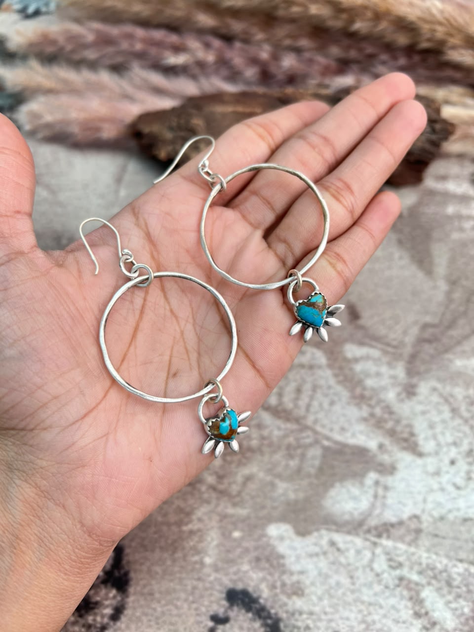 Handmade Sterling Silver Kingman Turquoise Hoops Earrings Signed Nizhoni