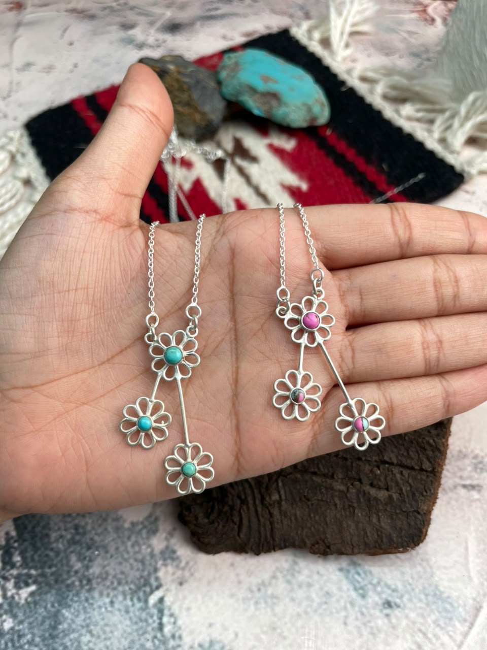 Handmade Sterling Silver Cotton Candy and Kingman Turquoise Flower Collection: Necklace