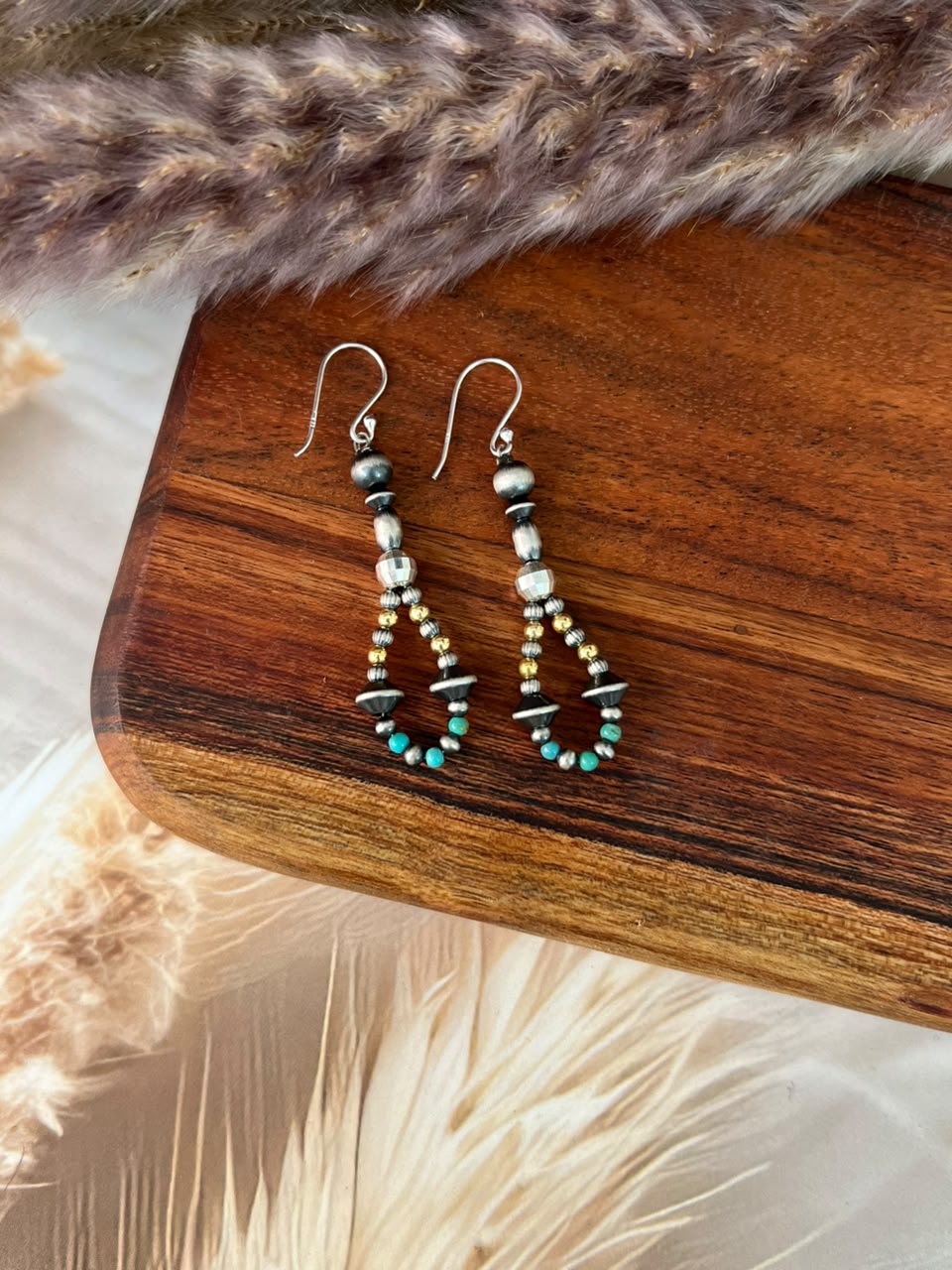 Handmade Sterling Silver Kingman Turquoise Beaded Hook Dangle Earrings