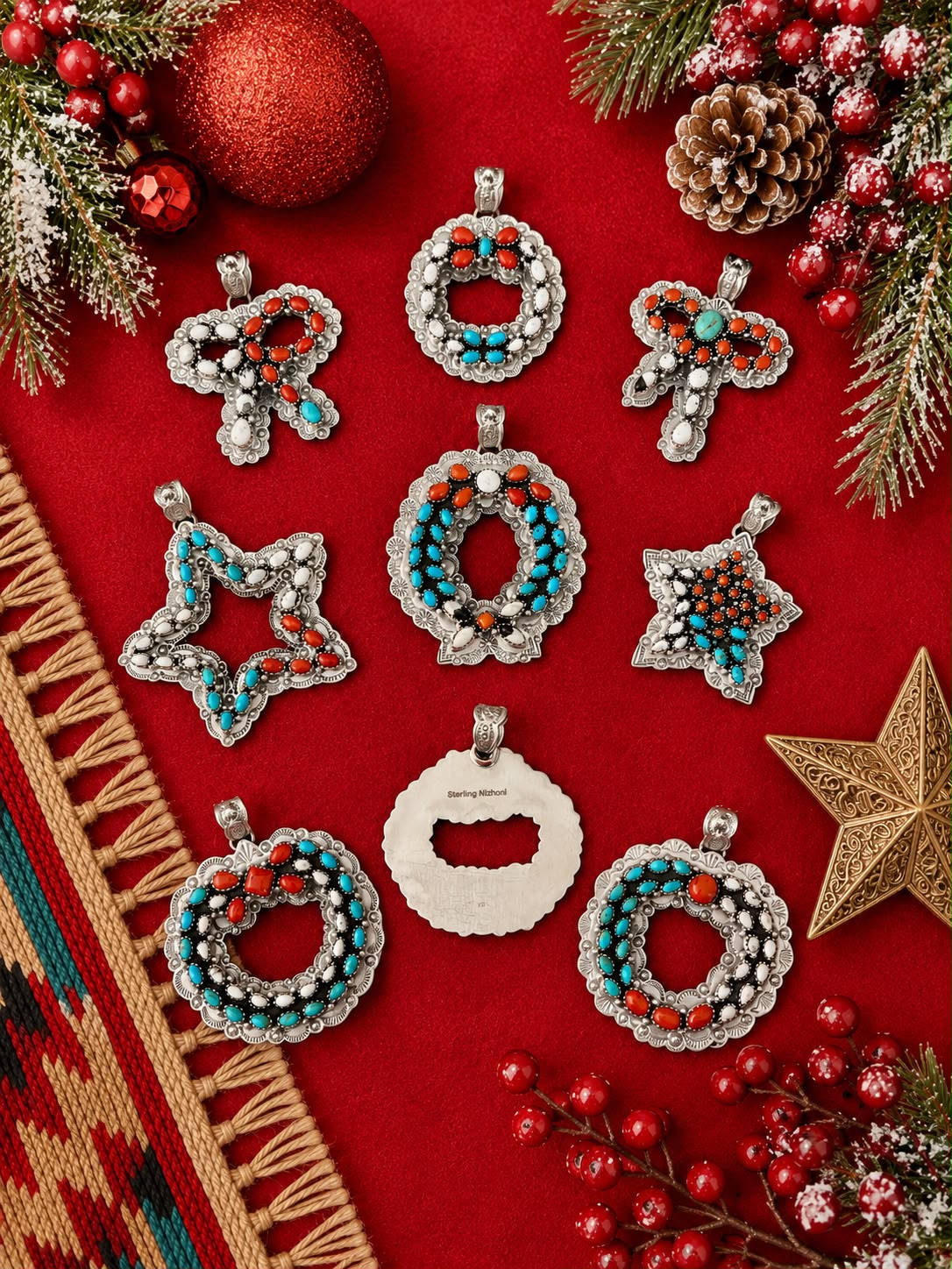 Handmade Sterling Silver Kingman Turquoise with Coral and White Buffalo Christmas Ornaments Collection: Pendant Signed Nizhoni (6)