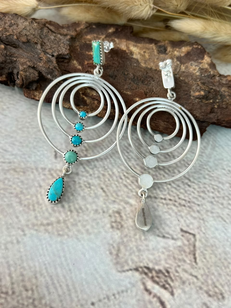 Handmade Sterling Silver Kingman Turquoise Post Dangle Earrings Signed Nizhoni