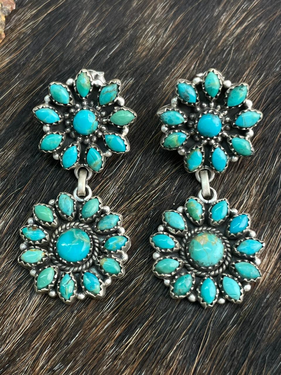 Handmade Sterling Silver Kingman Turquoise Post Dangle Earrings "Signed Nizhoni"