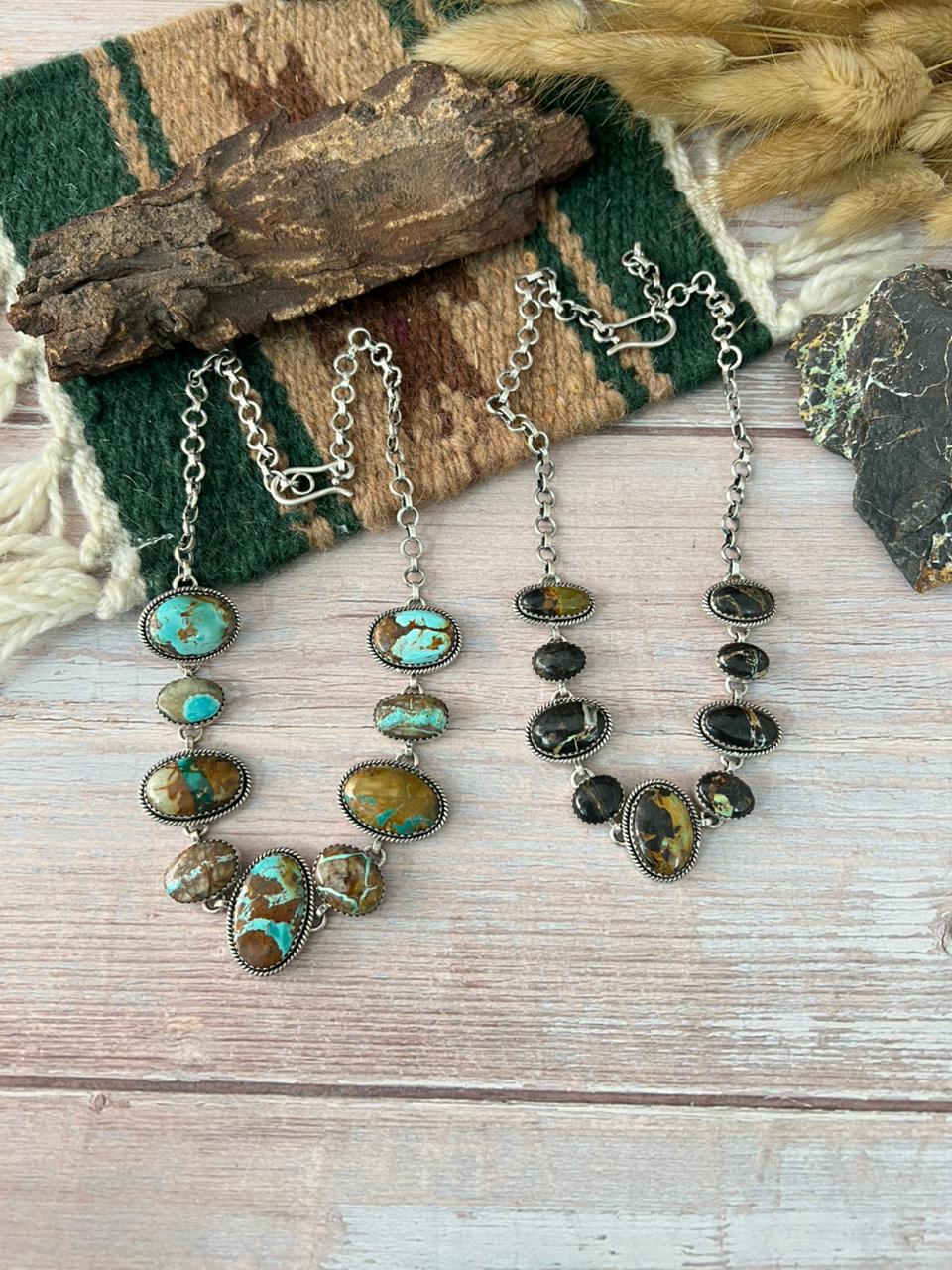 Handmade Sterling Silver Ribbon Royston, Blackjack Turquoise Choker Necklace "Signed Nizhoni"
