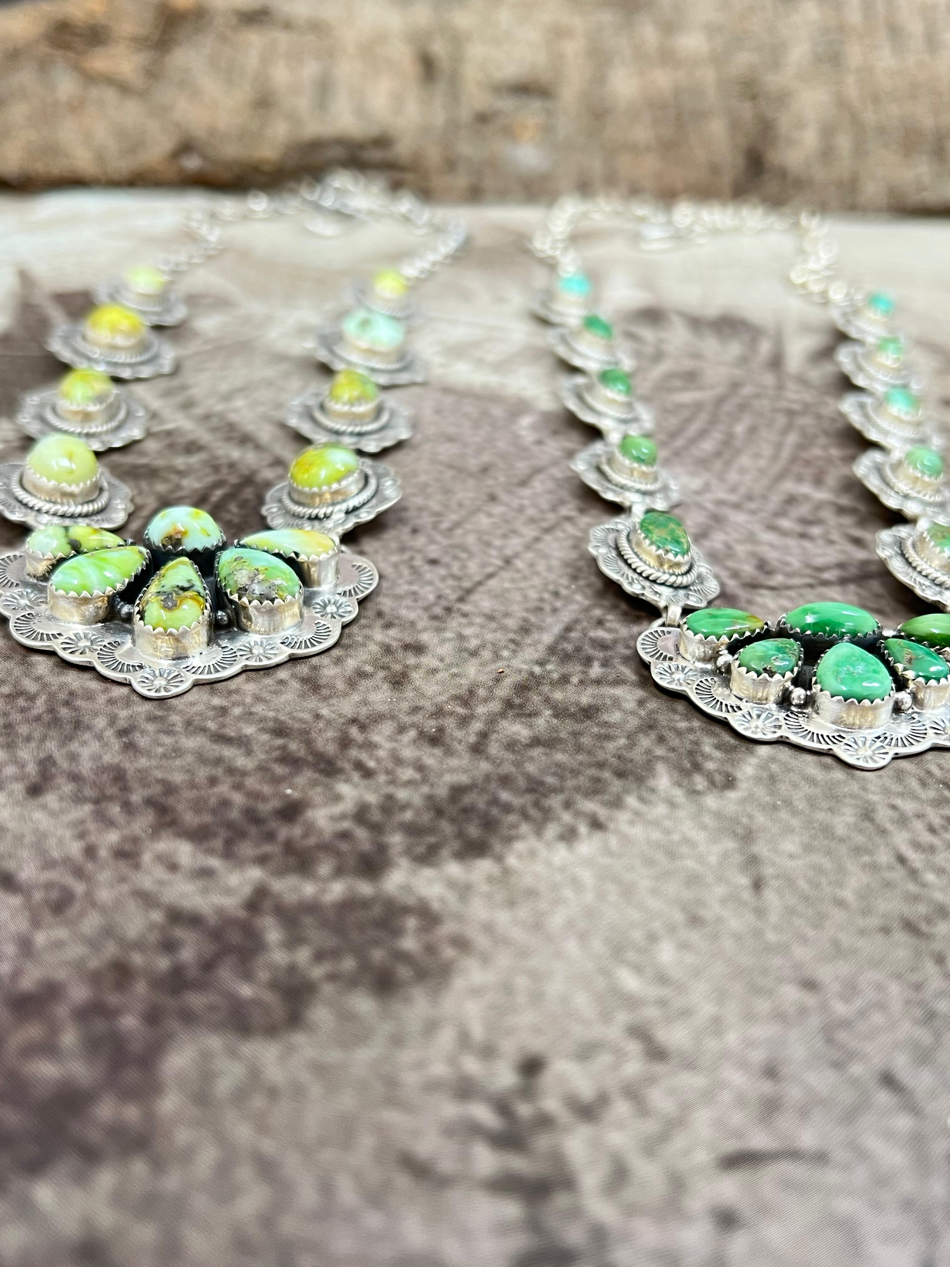 Handmade Sterling Silver Palomino, Sonoran Mountain Turquoise Necklace with Signed Nizhoni