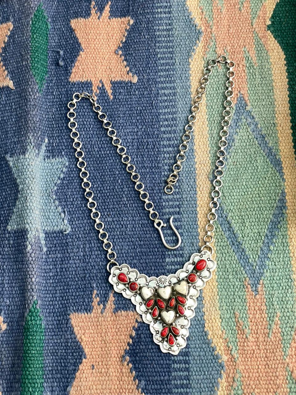 Handmade Sterling Silver White Buffalo with Red Opal Necklace "Signed Nizhoni"