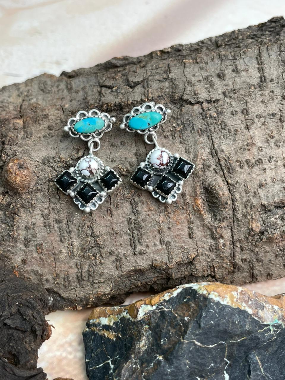 Handmade Sterling Silver Kingman with Wildhorse, Black Onyx  Post Dangle Earrings Set "Signed Nizhoni"