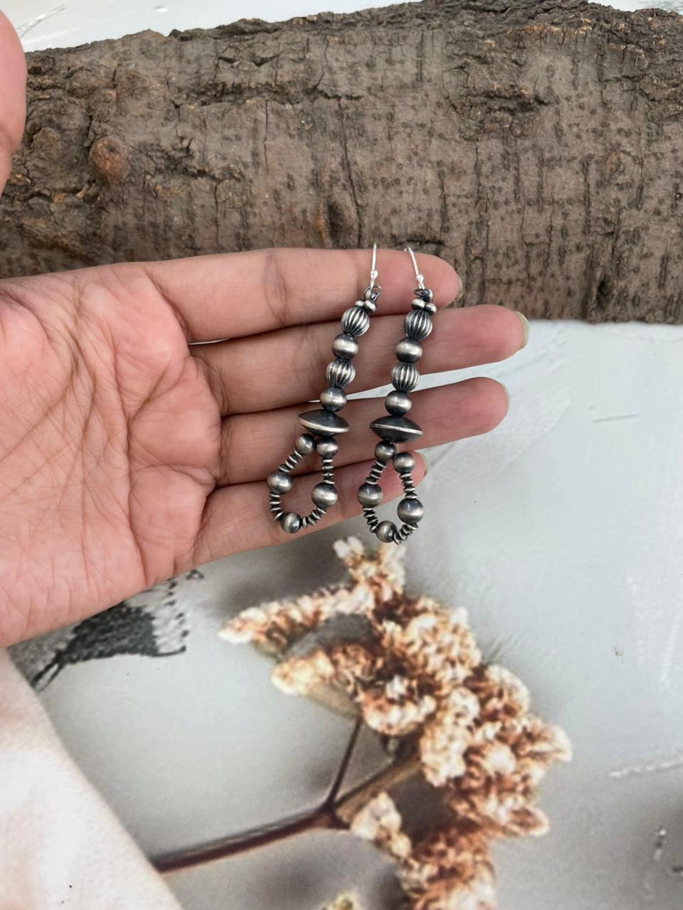 Handmade Sterling Silver Beaded Hook Dangle Earrings "Signed Nizhoni"