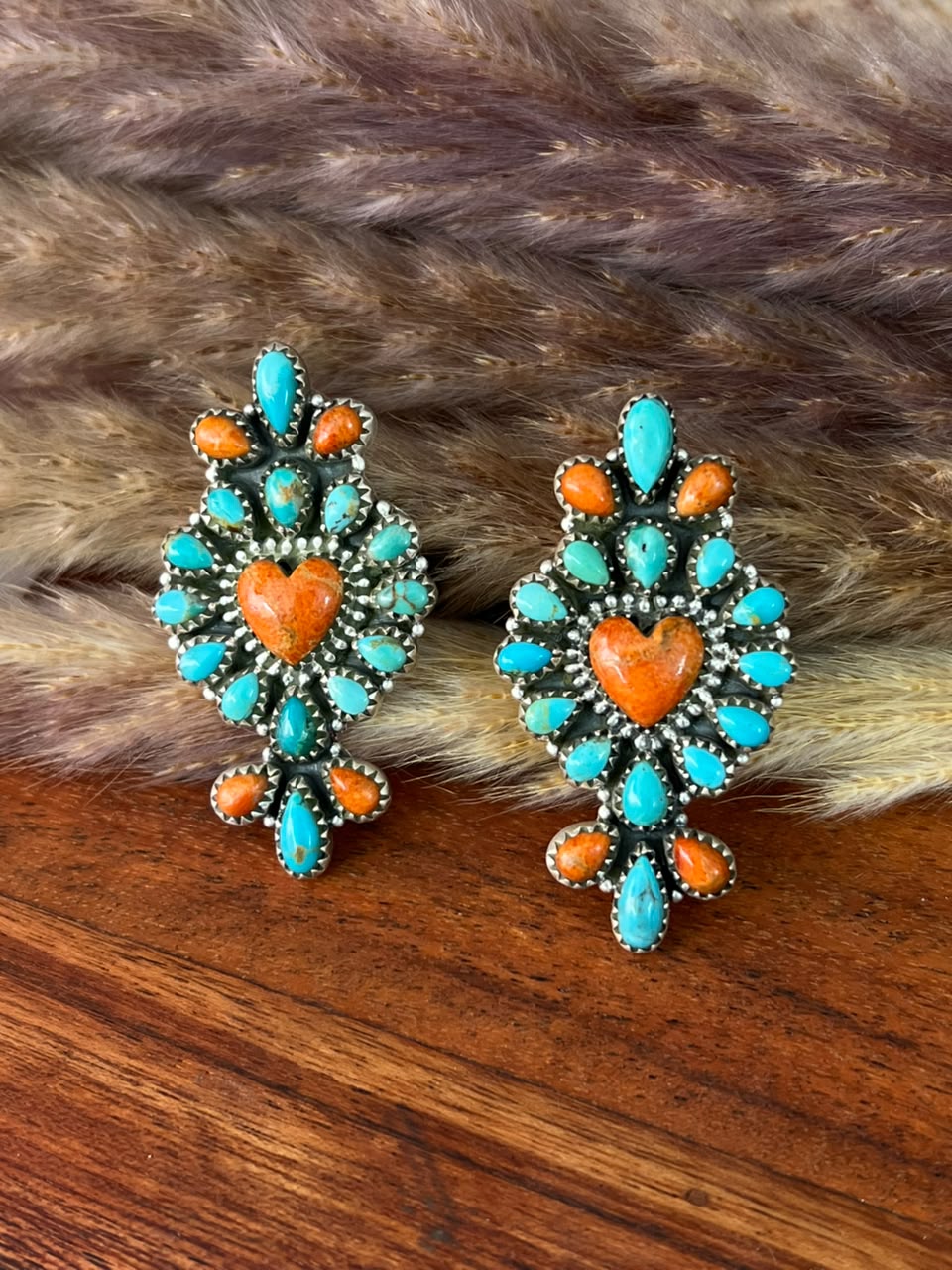 Handmade Sterling Silver Kingman Turquoise with Orange Mojave Adjustable Ring Signed Nizhoni