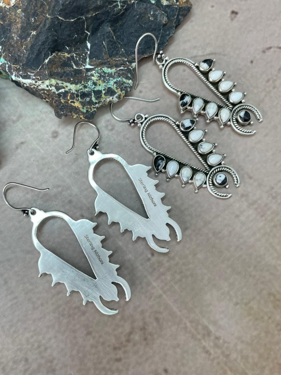 Handmade Sterling Silver Kingman, White Buffalo Hook Dangle Earrings "Signed Nizhoni" (4)