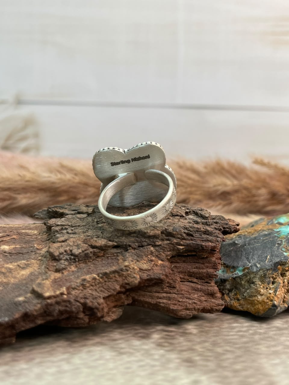 Handmade Sterling Silver Cotton Candy with White Water Turquoise Adjustable Ring Signed Nizhoni