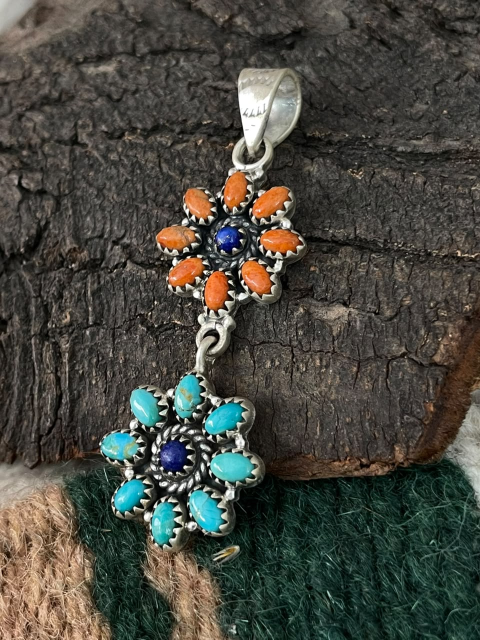 Handmade Sterling Silver Kingman Turquoise with Orange Mojave and Lapis Pendant Signed Nizhoni