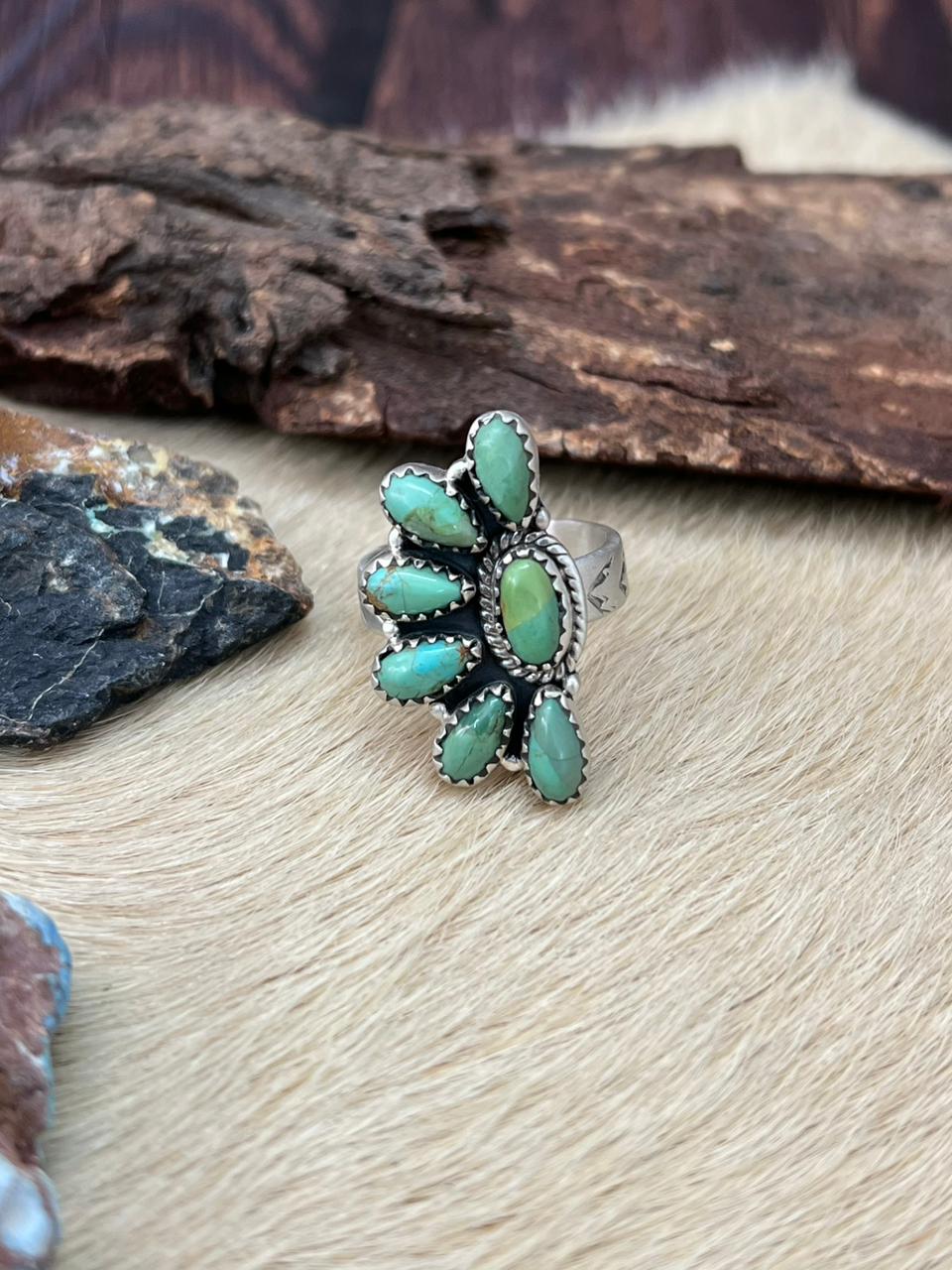 Handmade Sterling Silver Kingman Turquoise Adjustable Ring "Signed Nizhoni"