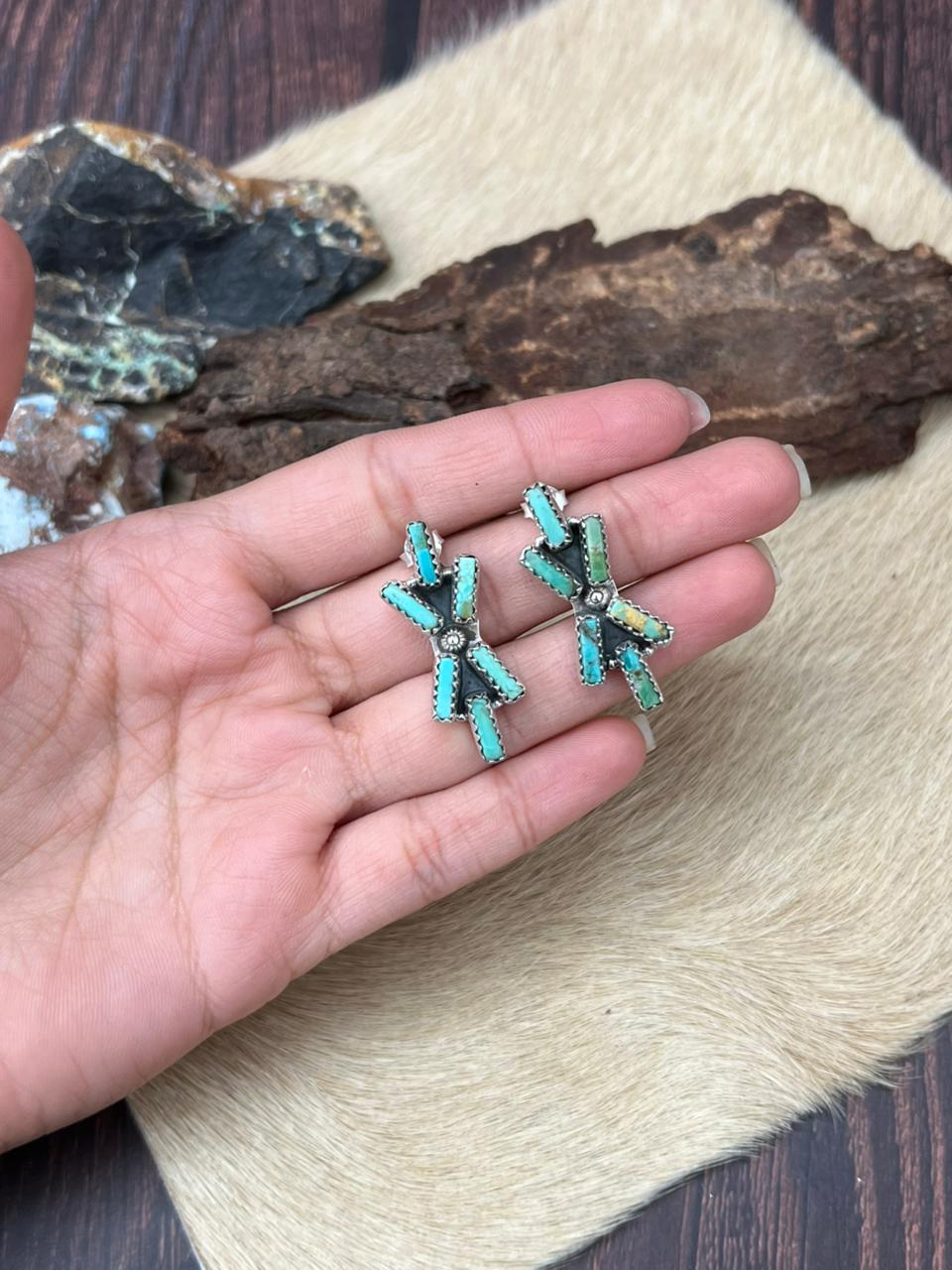 Handmade Sterling Silver Kingman Turquoise Studs Earrings "Signed Nizhoni"