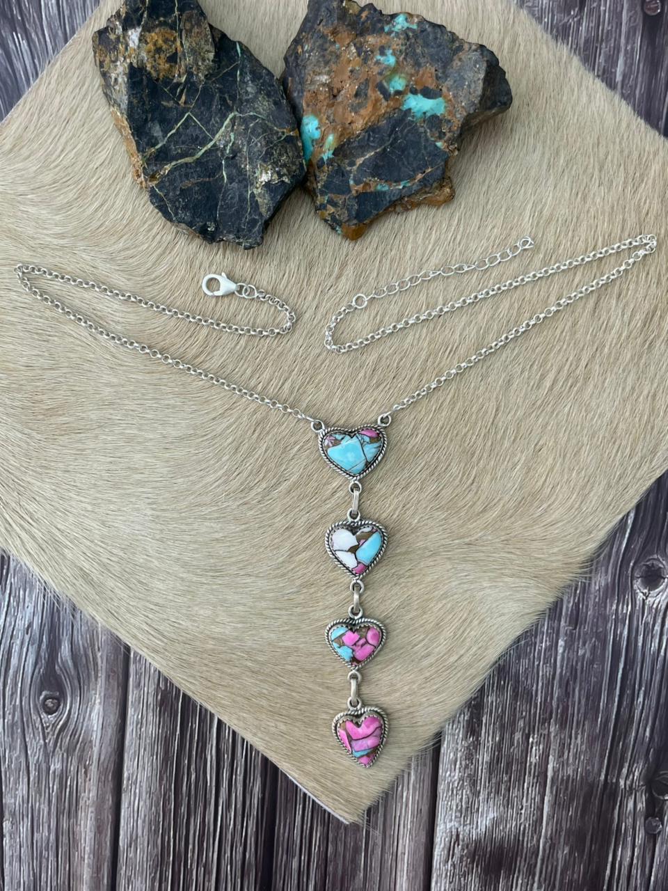 Handmade Sterling Silver Cotton Candy Heart Drop Necklace "Signed Nizhoni"