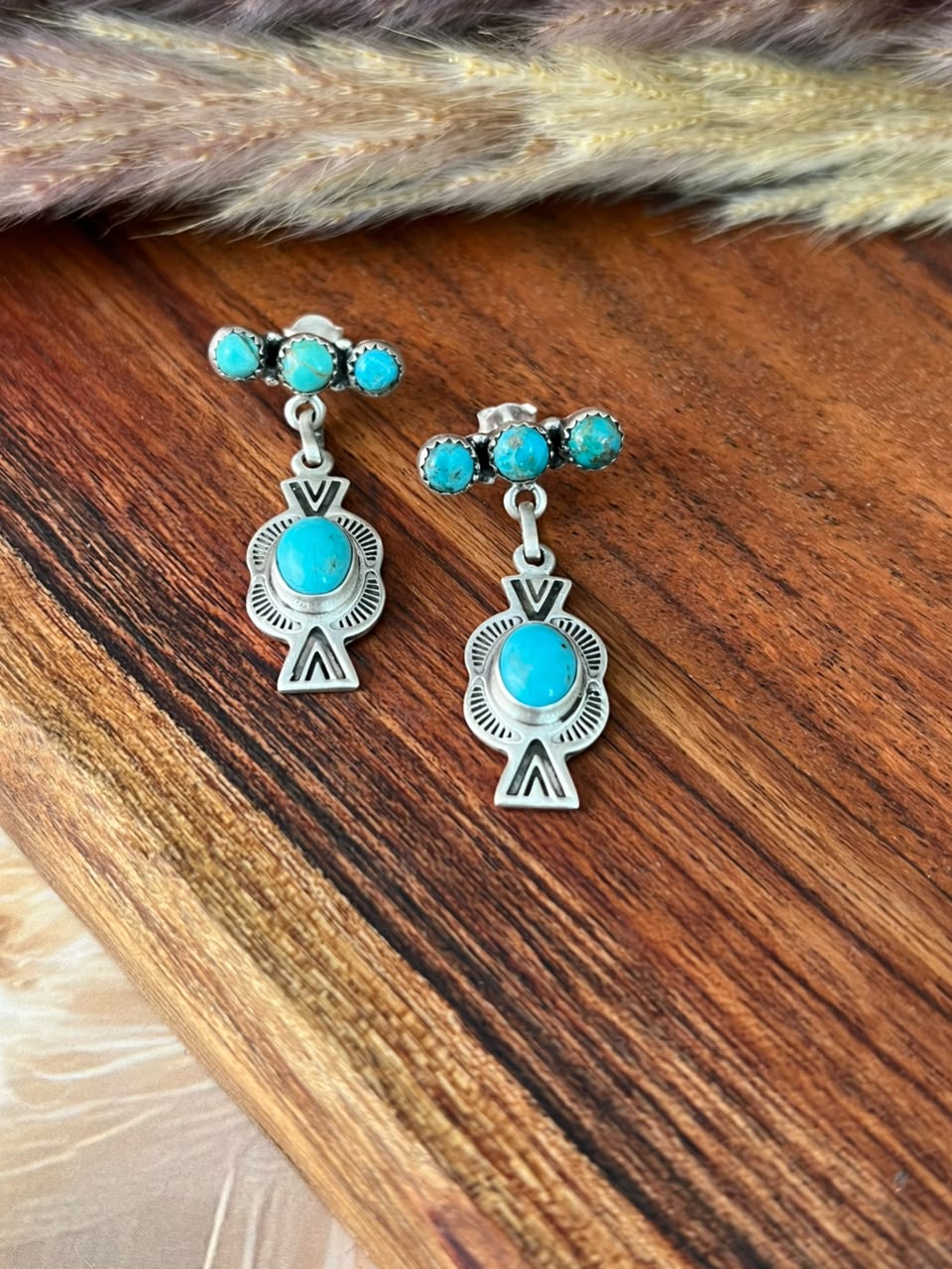 Handmade Sterling Silver Kingman Turquoise Post Dangle Earrings Signed Nizhoni