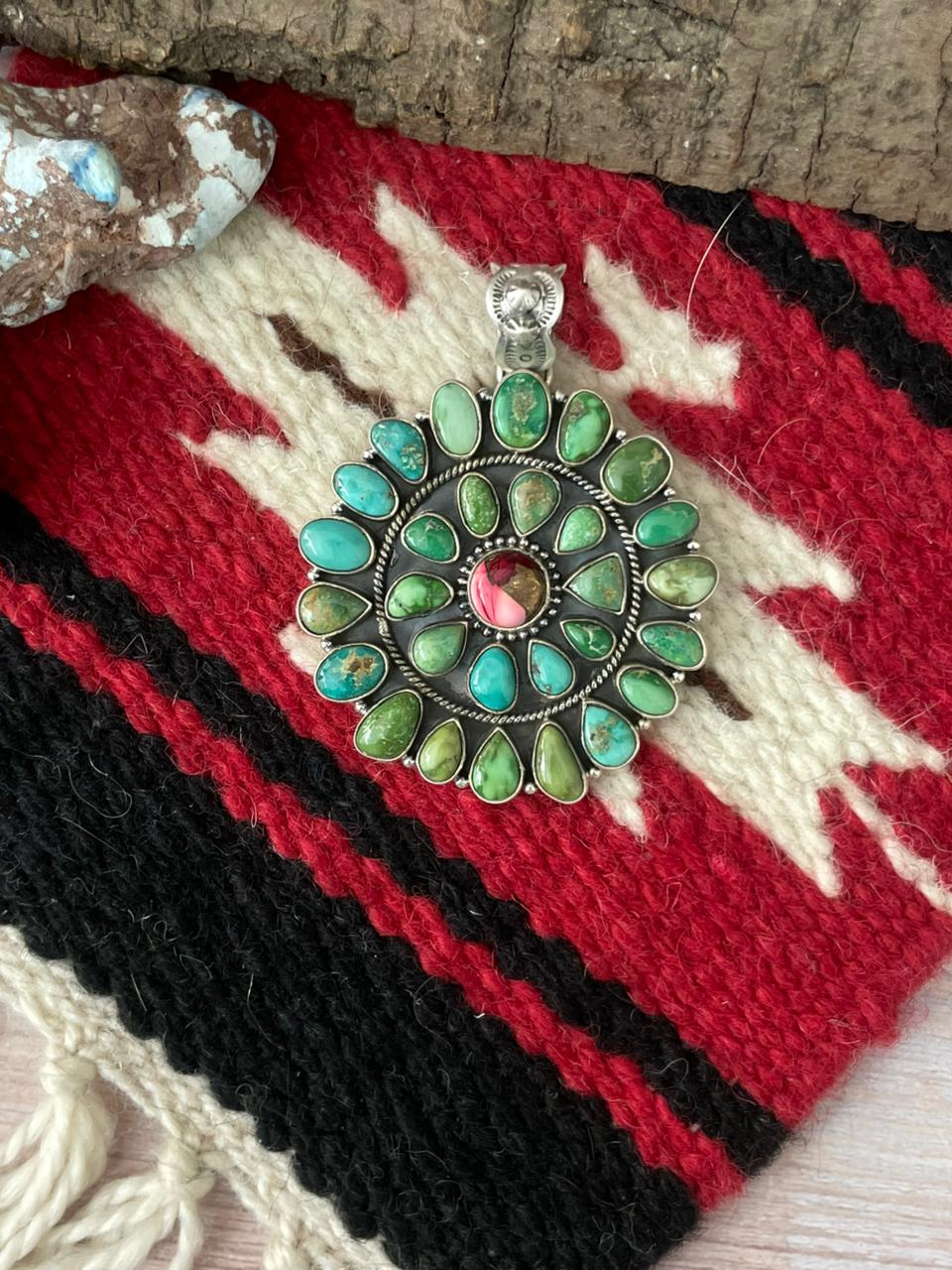 Handmade Sterling Silver Dahlia Rose with Emerald Valley Turquoise Pendant "Signed Nizhoni"