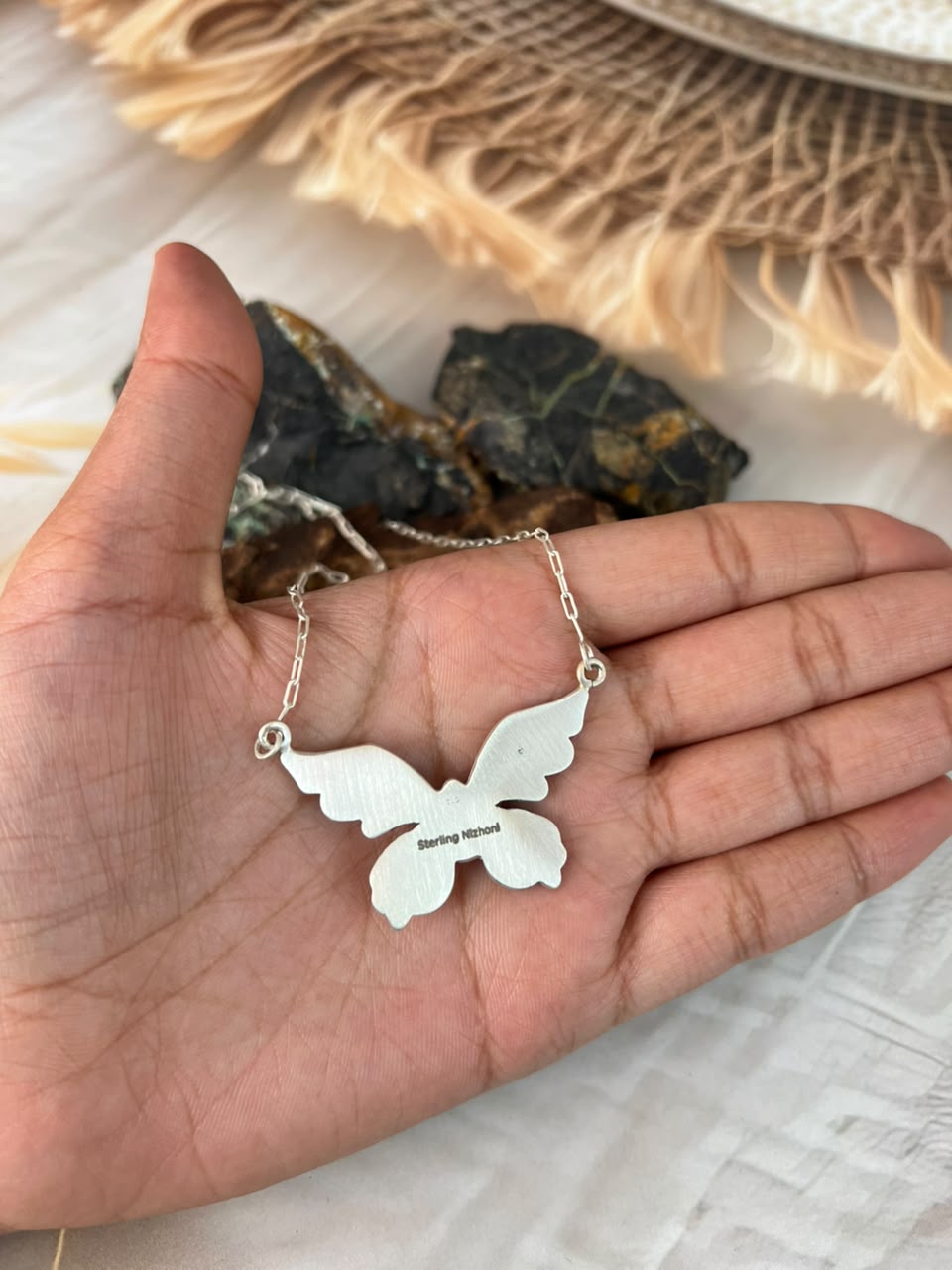 Handmade Sterling Silver Kingman Turquoise Butterfly Necklace Signed Nizhoni