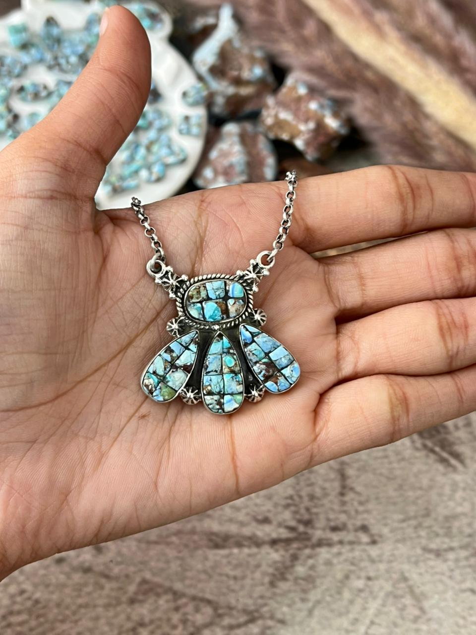 Handmade Sterling Silver 'Golden Hills Turquoise Cobble Collection' Necklace "Signed Nizhoni"