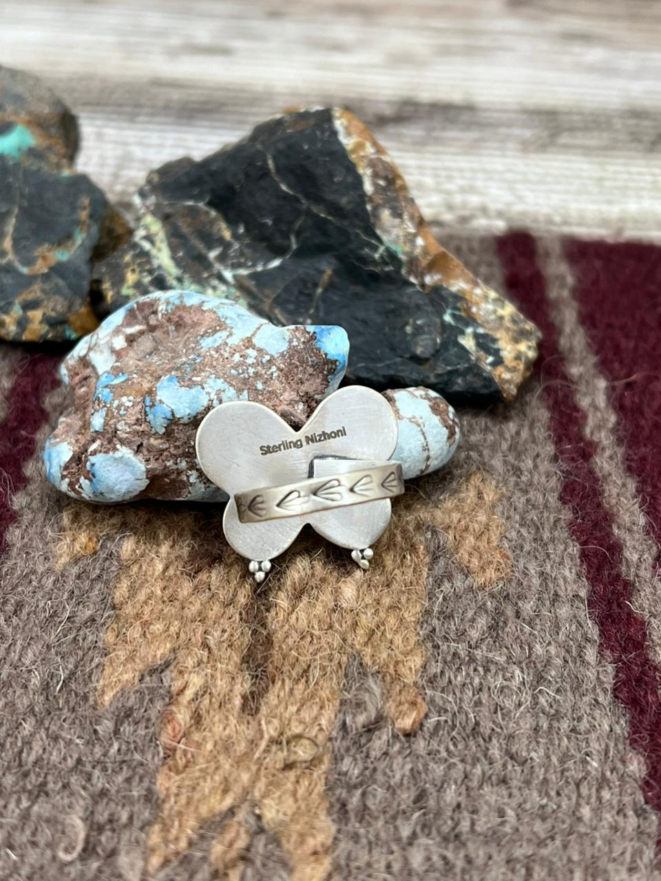 Handmade Sterling Silver Golden Hills Turquoise Butterfly Adjustable Ring "Signed Nizhoni"