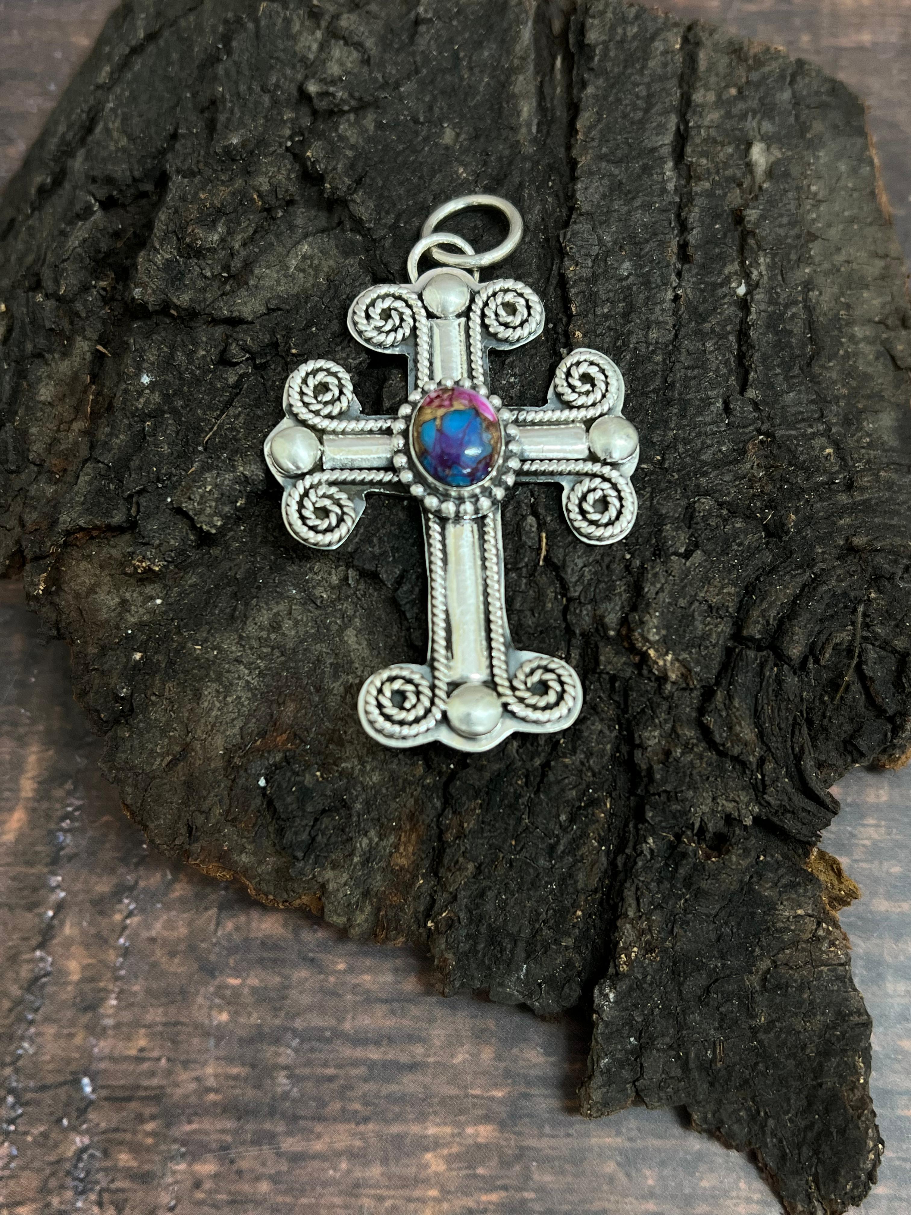 Handmade Sterling Silver Pink Dahlia Cross Pendant with Signed Nizhoni (4)