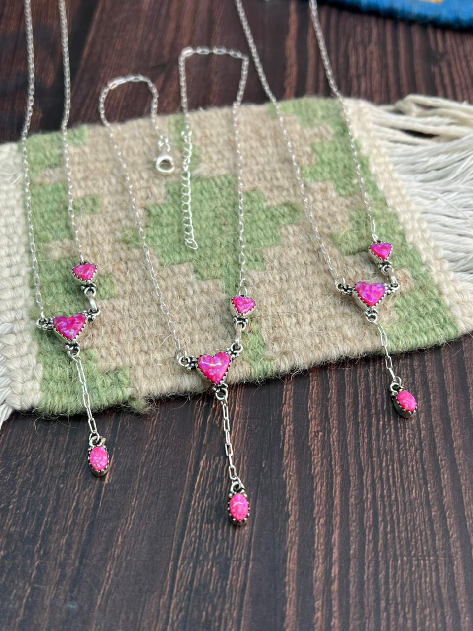 "Heart Collection" Handmade Sterling Silver Hot Pink Necklace "Signed Nizhoni"
