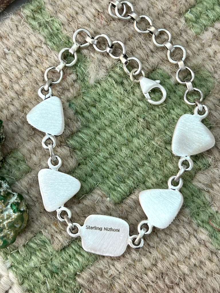 Handmade Sterling Silver Sonoran Mountain Turquoise Chain Bracelet with Signed Nizhoni