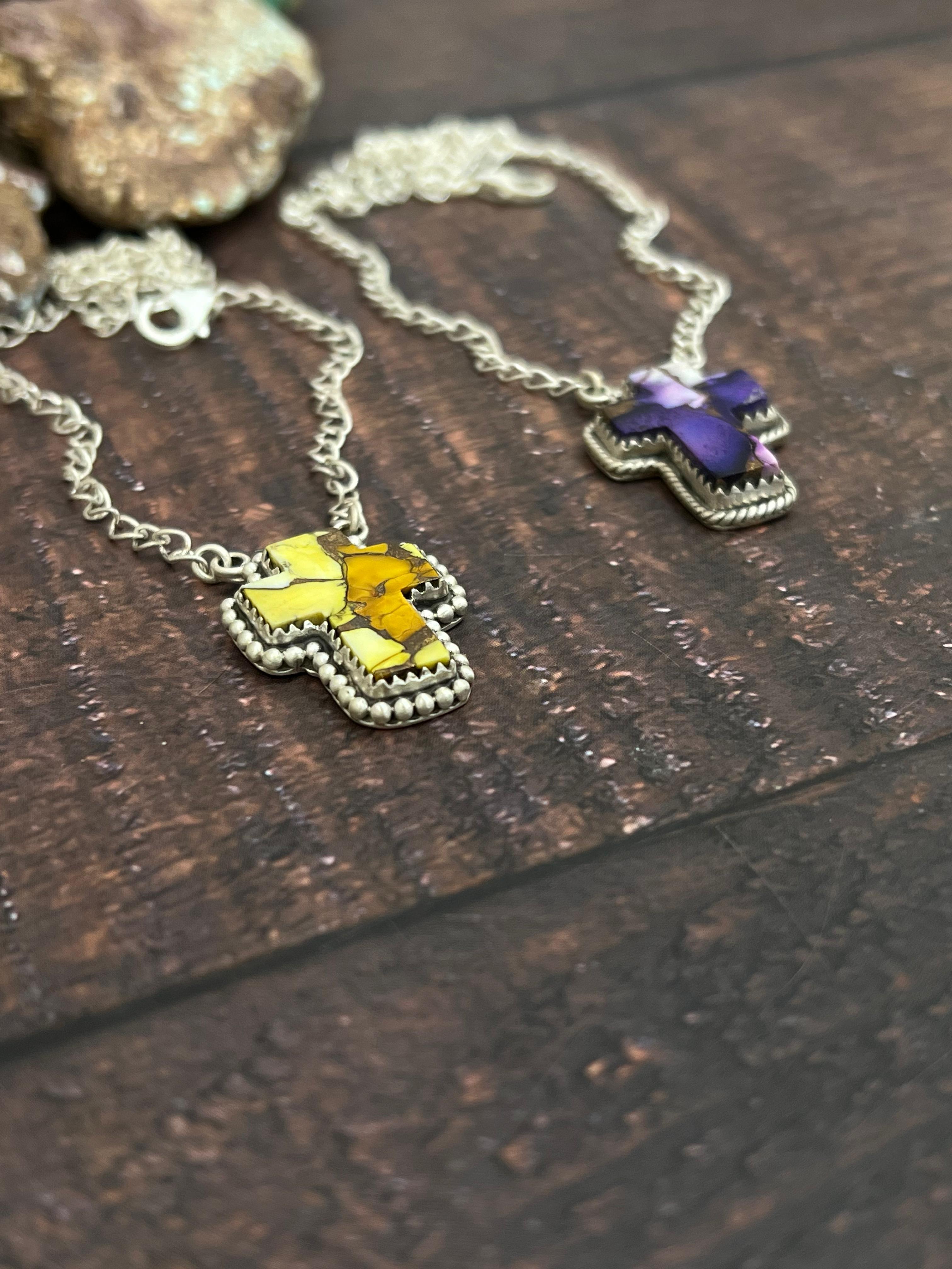 Handmade Sterling Silver Multi Gemstone Cross Necklace with Signed Nizhoni