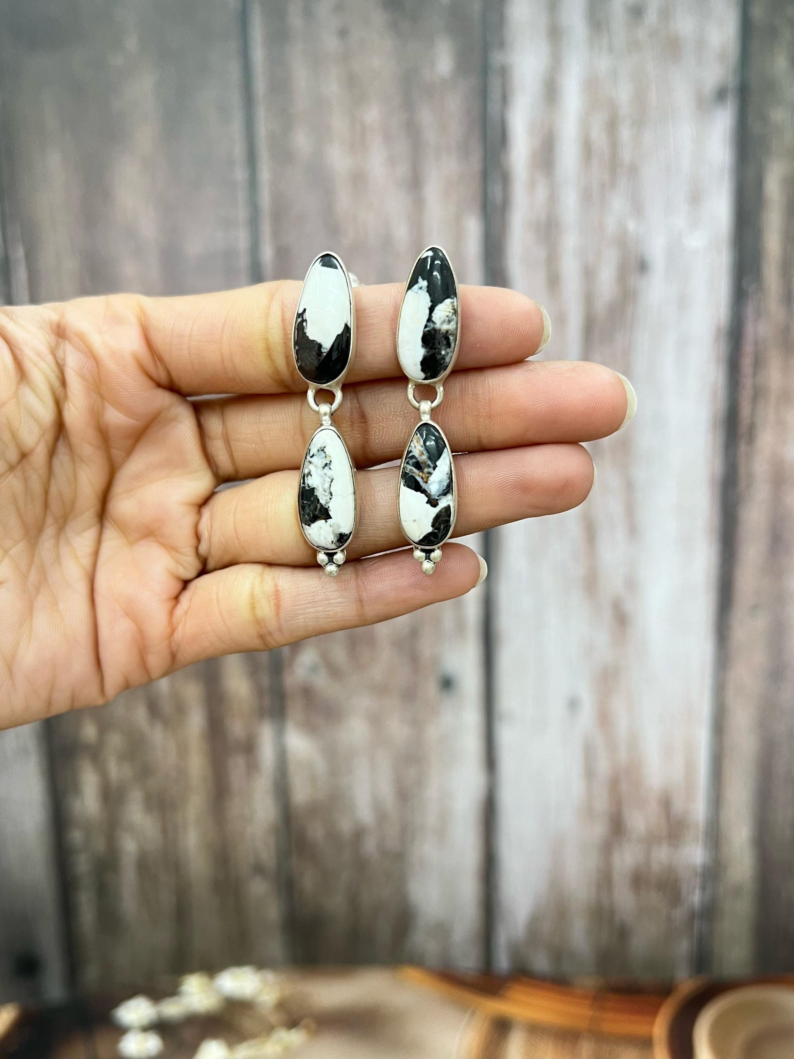 Handmade Sterling Silver White Buffalo Turquoise Dangle Earrings with Signed Nizhoni