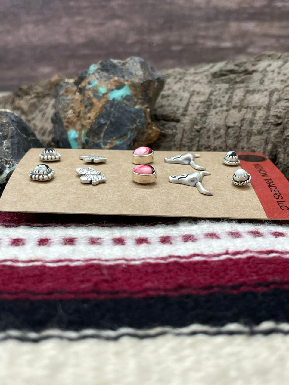 Handmade Sterling Silver White Buffalo with Dahlia Rose Studs (Cards) Earrings Set (10)