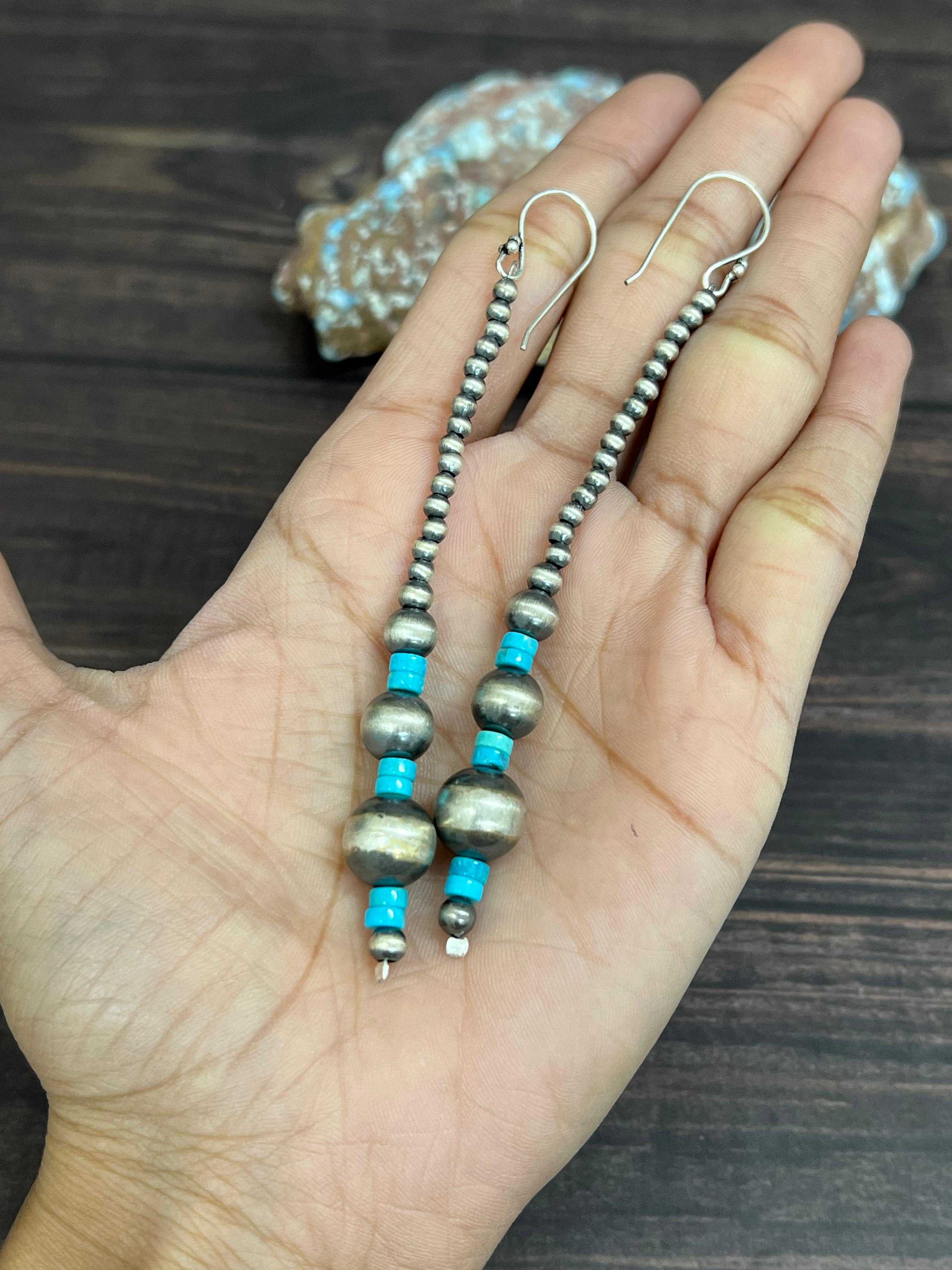 Handmade Sterling Silver Kingman Turquoise Beaded Hook Earrings with Signed Nizhoni