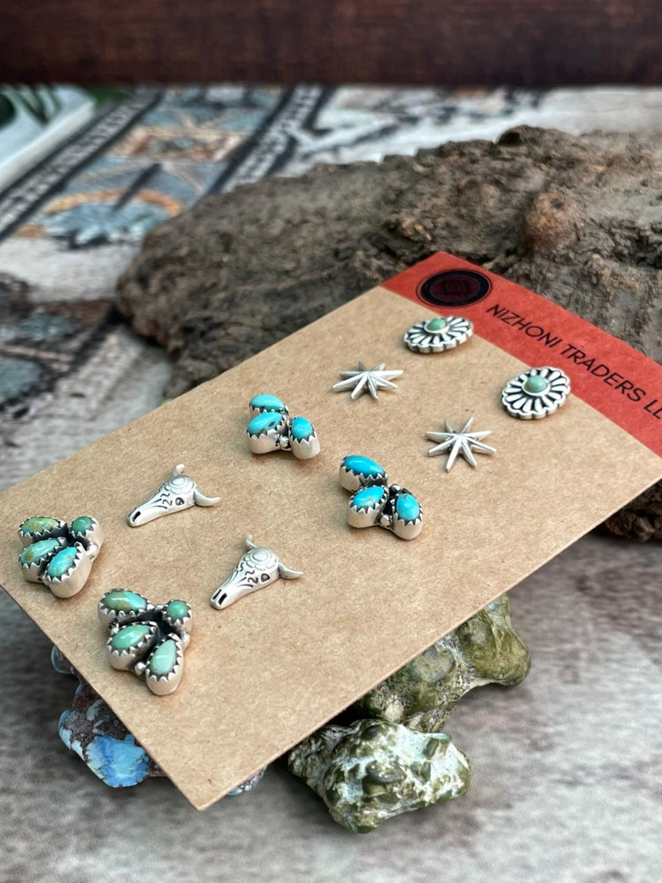 Handmade Sterling Silver Kingman Turquoise Post Studs Cards "Signed Nizhoni"