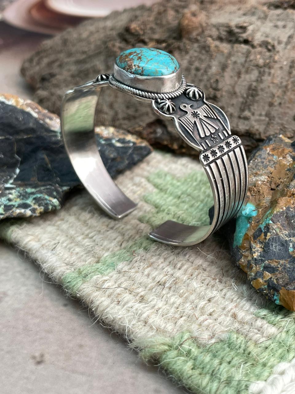 Handmade Sterling Silver Kingman Turquoise Thunderbird Cuff Bracelet "Signed Nizhoni"