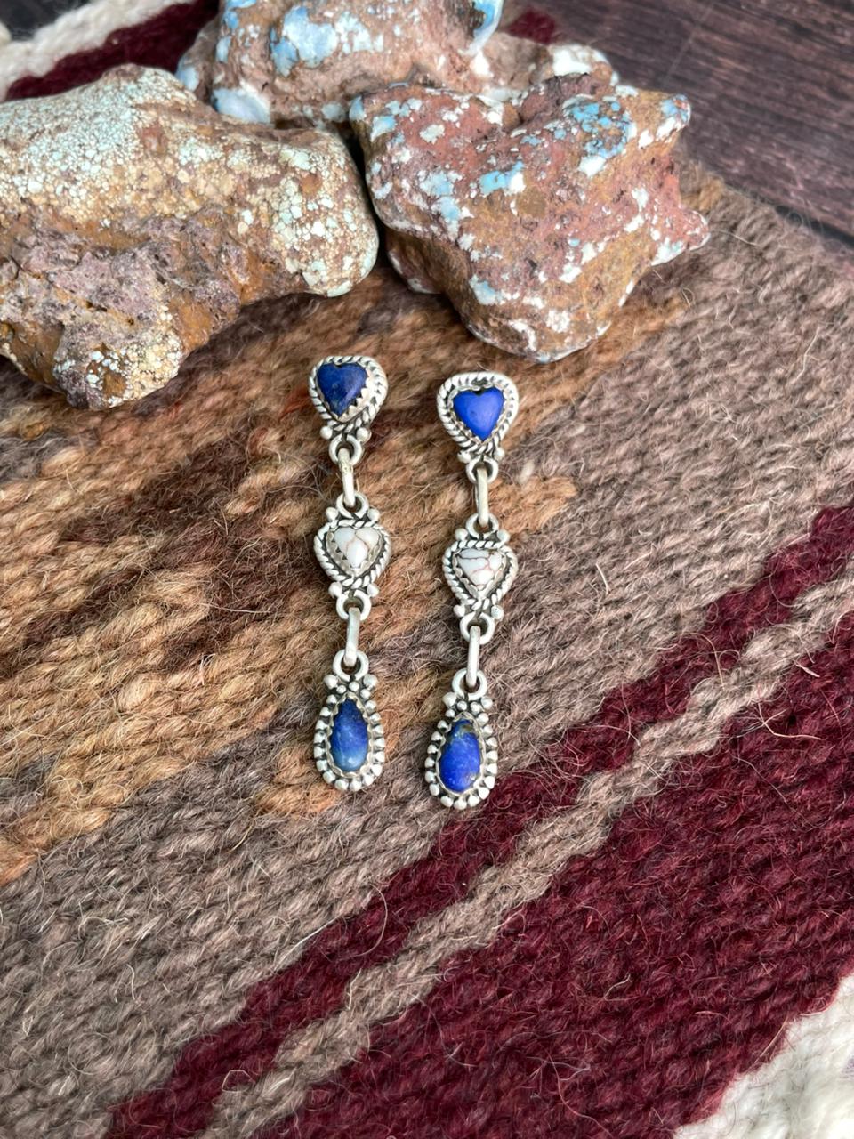 Handmade Sterling Silver Lapis with Wildhorse Magnesite Post Dangle Heart Earrings "Signed Nizhoni"