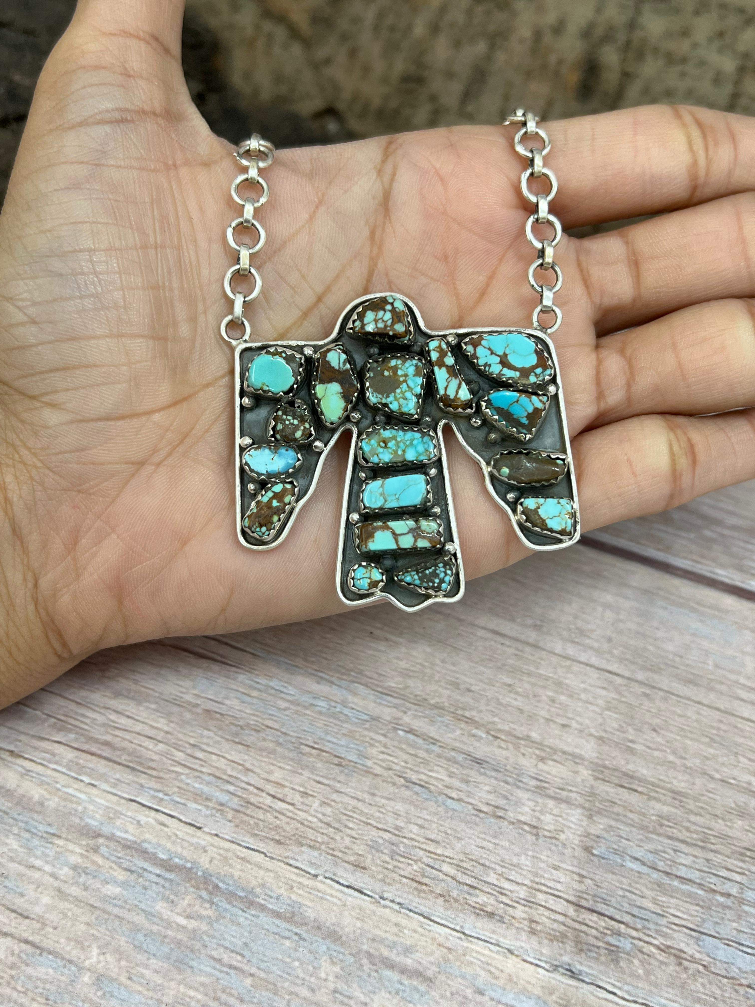 Handmade Sterling Silver Multi Stone Thunder Bird Necklace with Signed Nizhoni