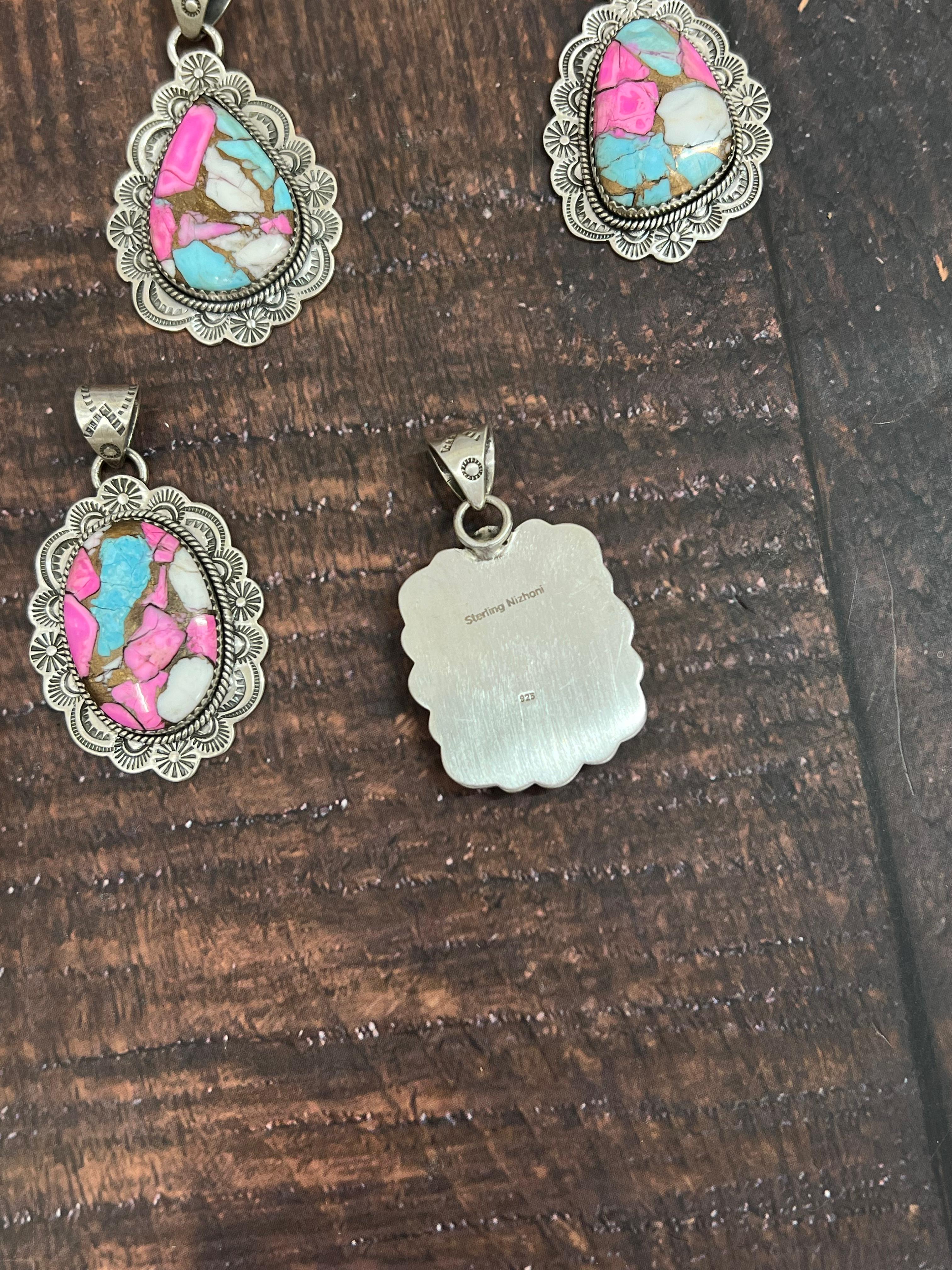 Handmade Sterling Silver Cotton Candy Turquoise Pendant with Signed Nizhoni
