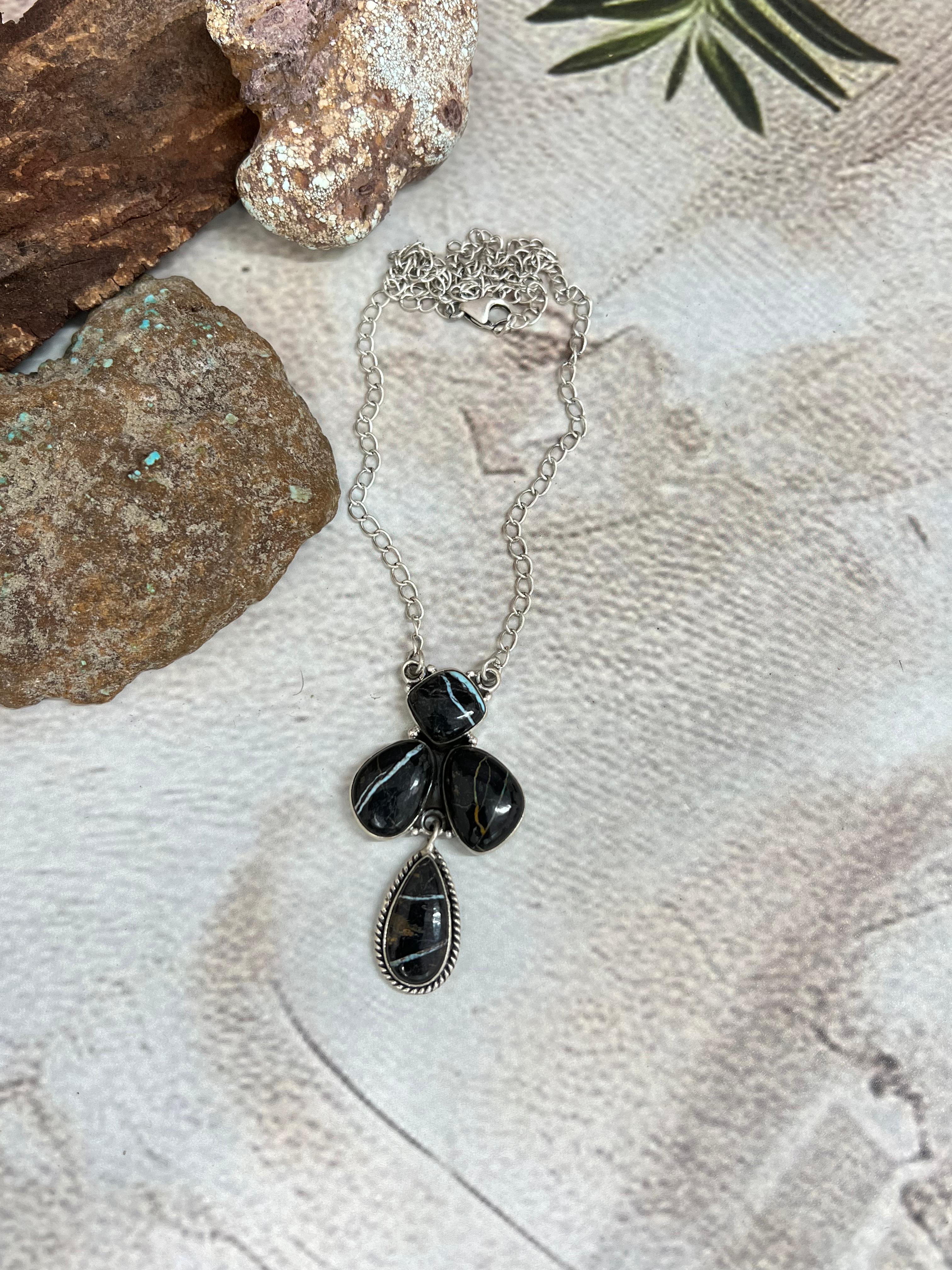 Handmade Sterling Silver Blackjack Turquoise Necklace Signed Nizhoni