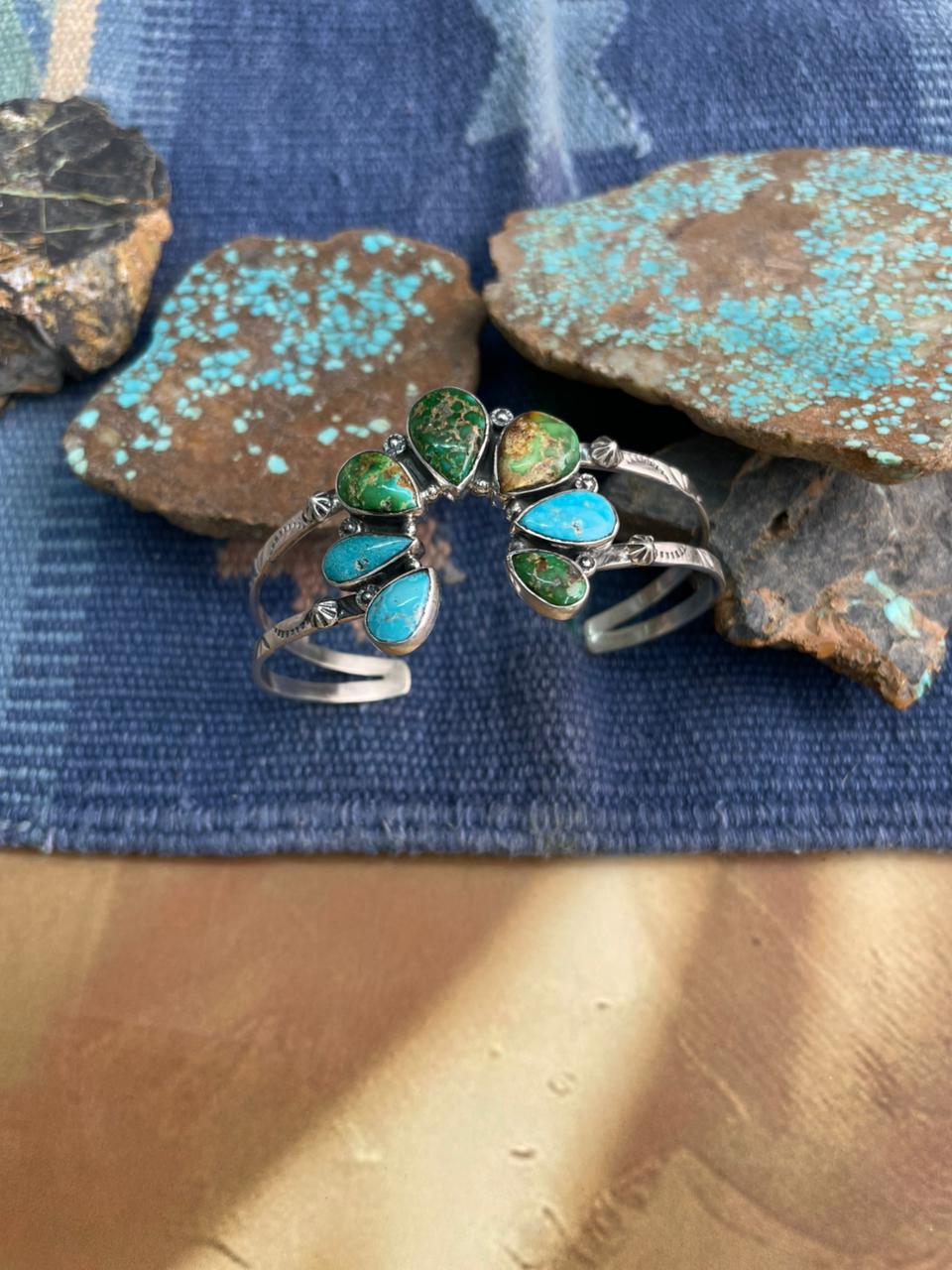 Handmade Sterling Silver Sonoran Mountain Turquoise with White Water Cuff Bracelet "Signed Nizhoni"